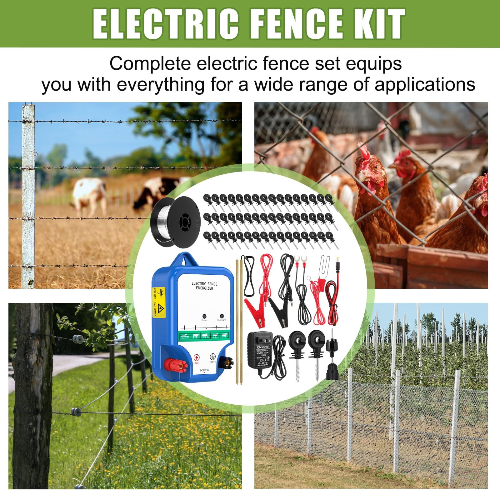 Electric Fence Kit 8 Mile 12kV 2J Charger AC/DC 50 Insulators 250ft Aluminum