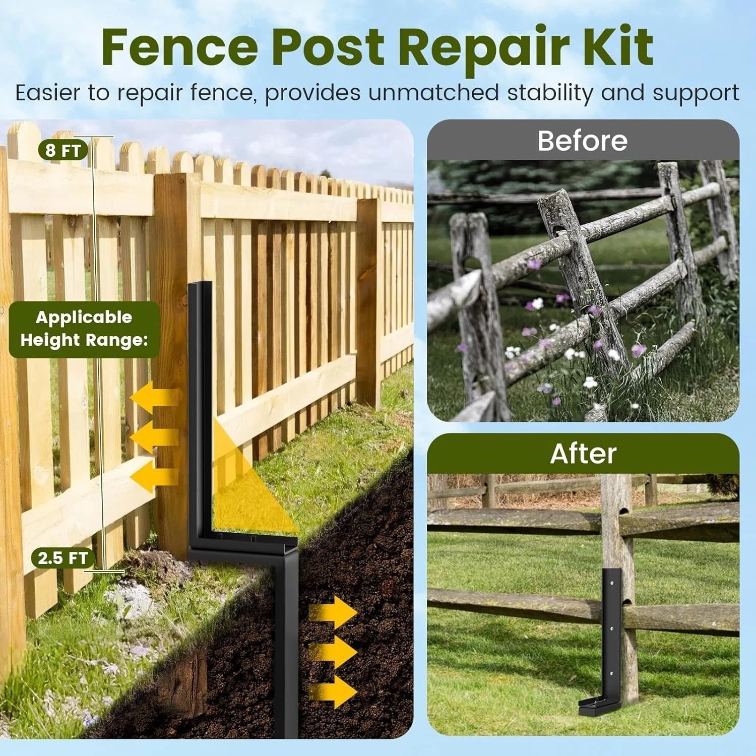 Strong and Stable Fence Repair Kit – 4 Rustproof Steel Stakes for Easy Fixes