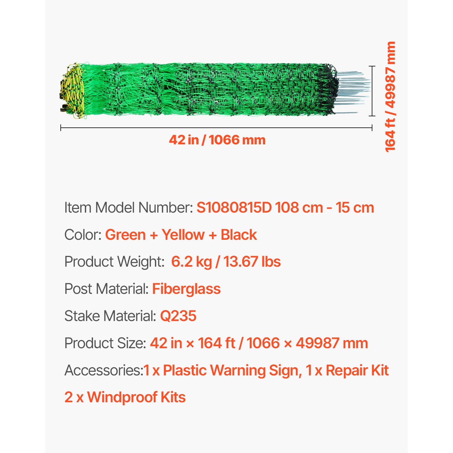 VEVOR Electric Netting Fence Kits Sheep Fencing 42.5″H x 164’L with Posts Spikes