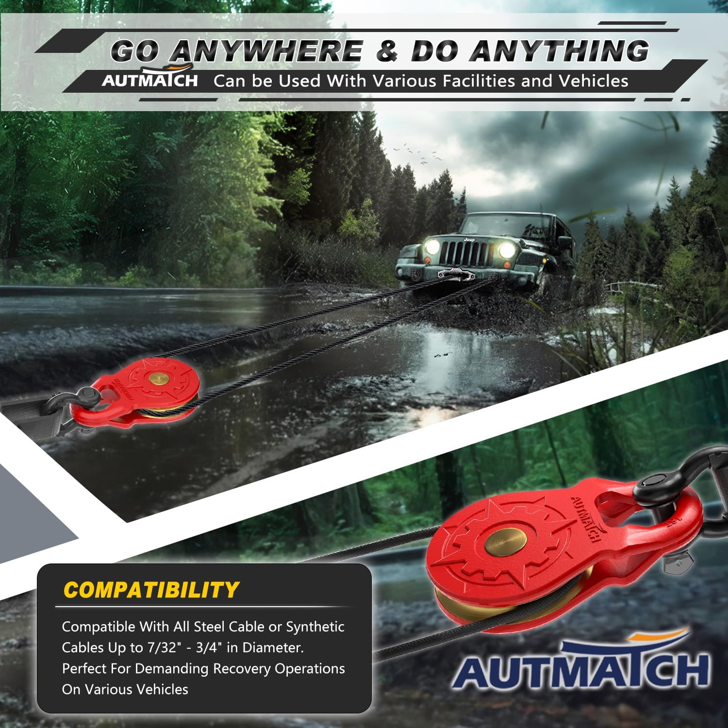 AUTMATCH Winch Snatch Block 18 Ton – Winch Pulley (79,366 Lbs) Break Strength…