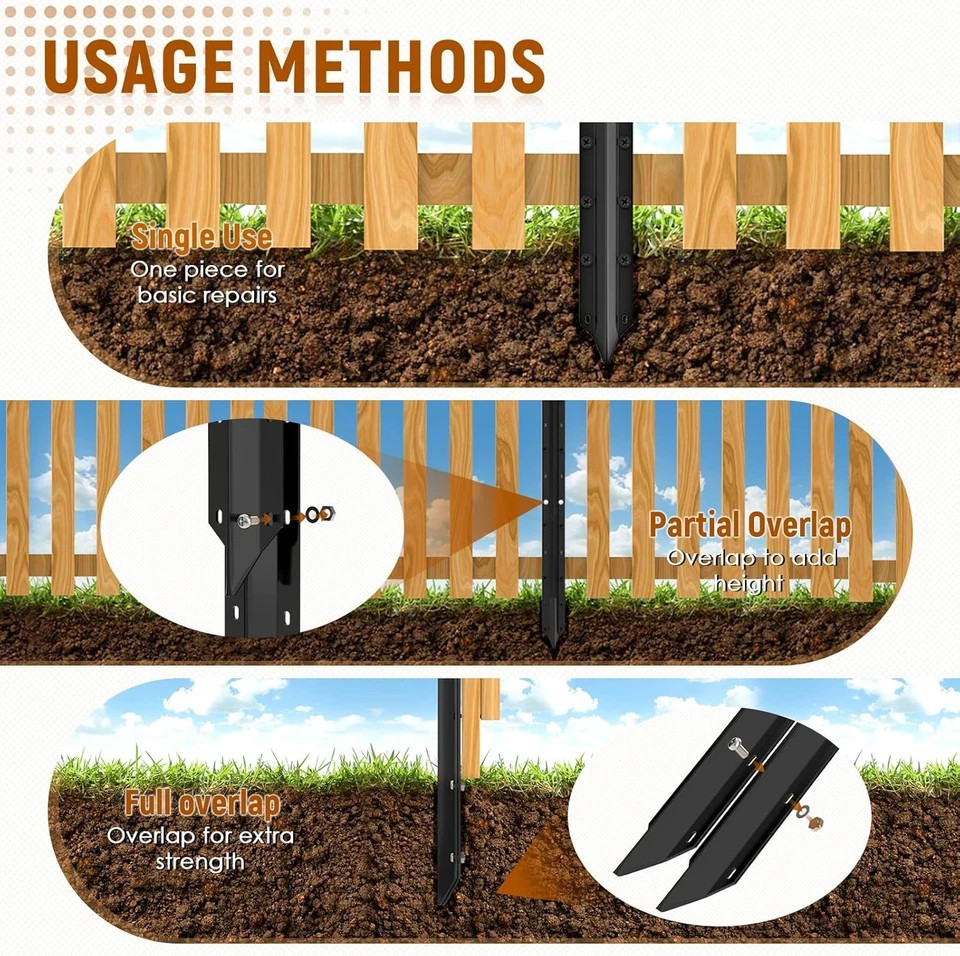 10 Pack Fence Post Repair Stakes –14 Ga Heavy-Duty Steel Fence Post Support Kit