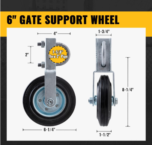 6″ Single Swing Gate Wheel For 1-5/8″ or 2″ [1-7/8 OD] Round Gate Frame