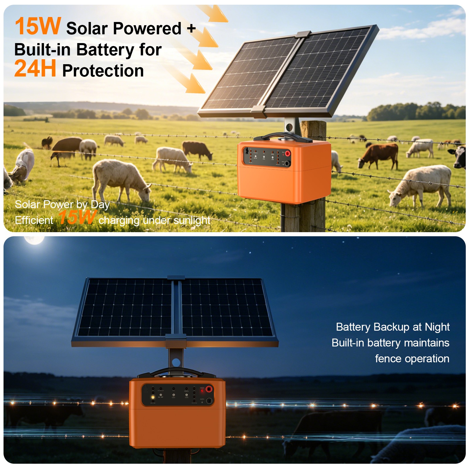 30-Mile 15W Solar Electric Fence Charger Fence Energizer Day/Night for Livestock