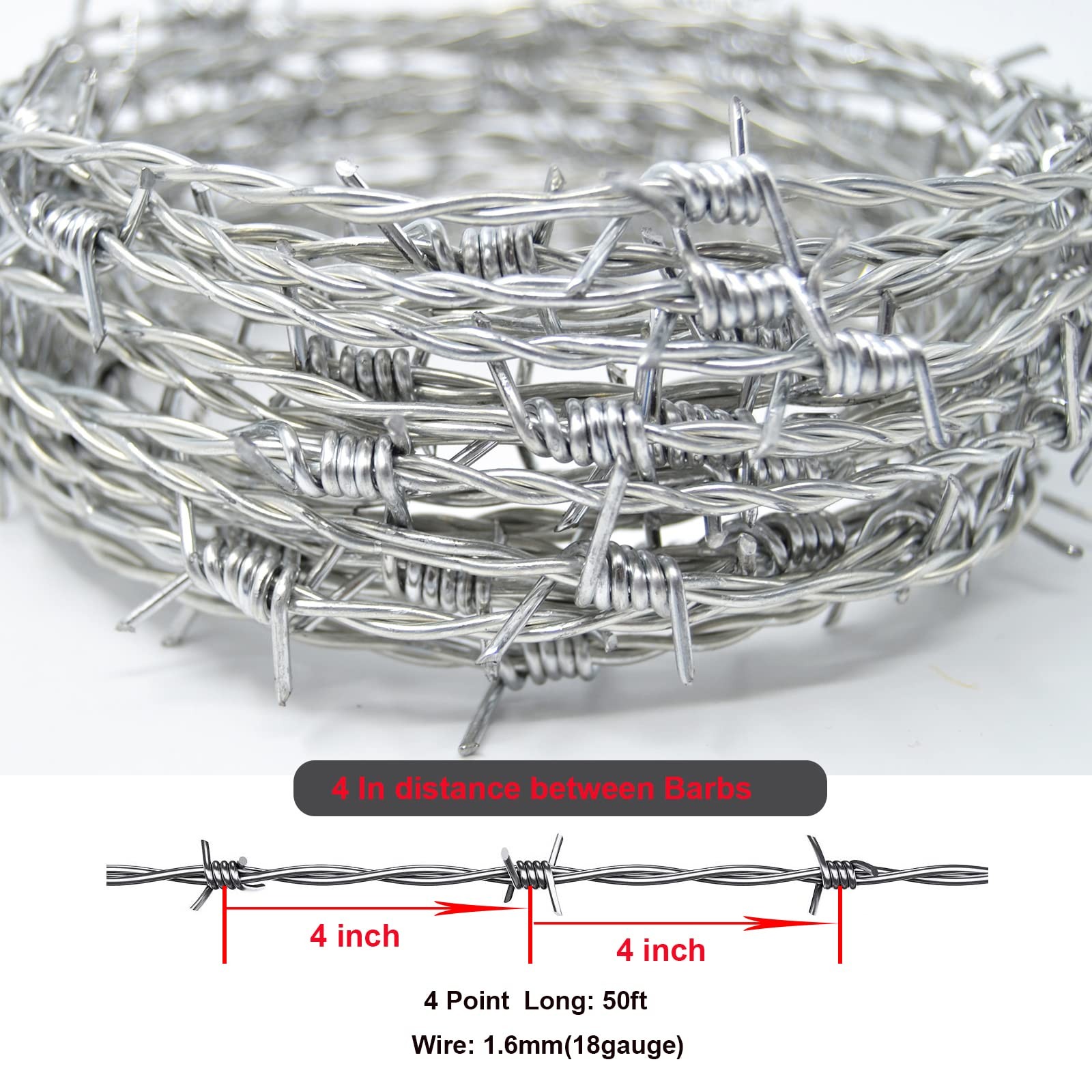 YAGJIA Barbed Wire 50 Ft, 4 Point Barbed Wire Fence, Hot-Dip Galvanized Barb …
