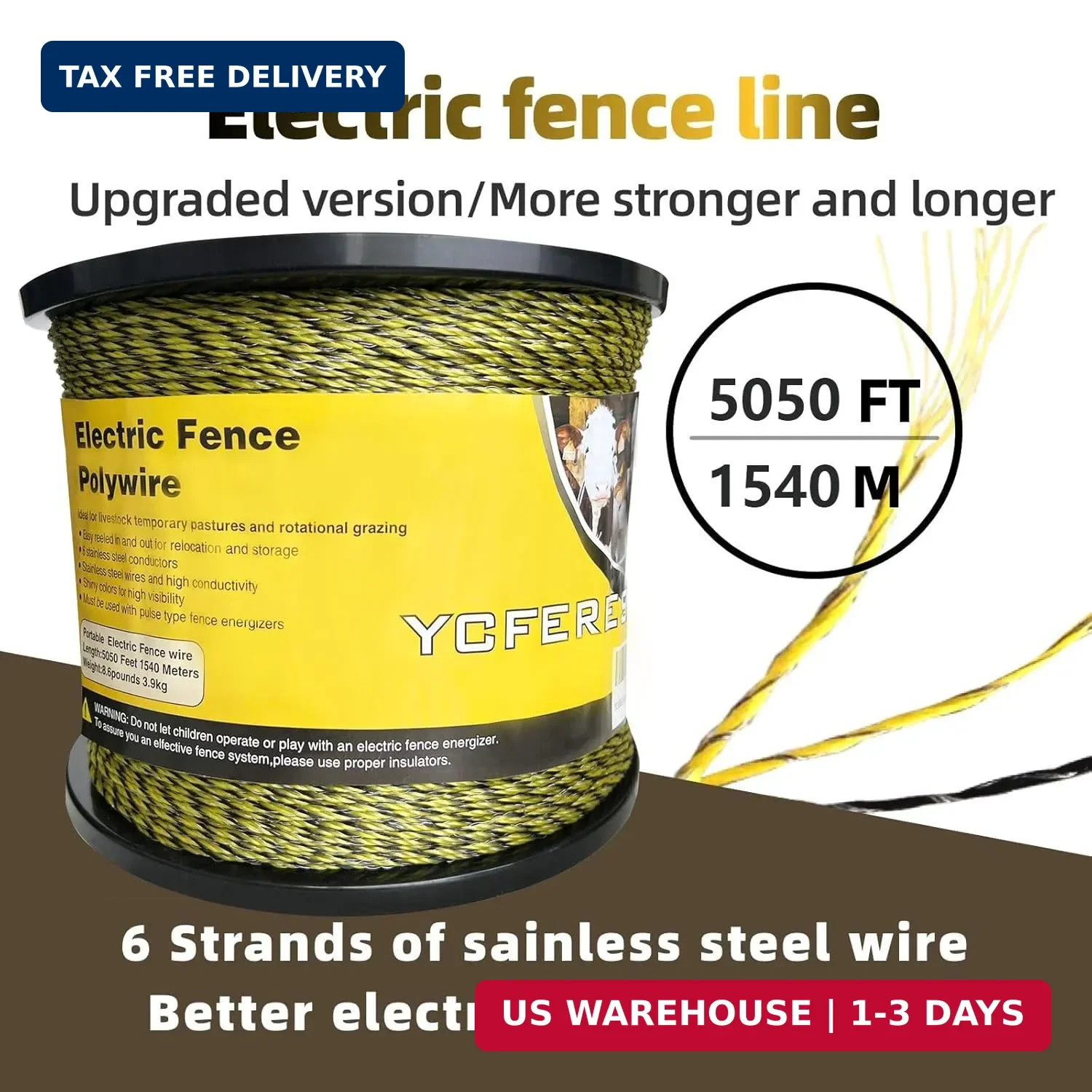 Upgraded Electric Fence Polywire 5050 Feet 1540 Meters, 6 Stainless Steel Strand