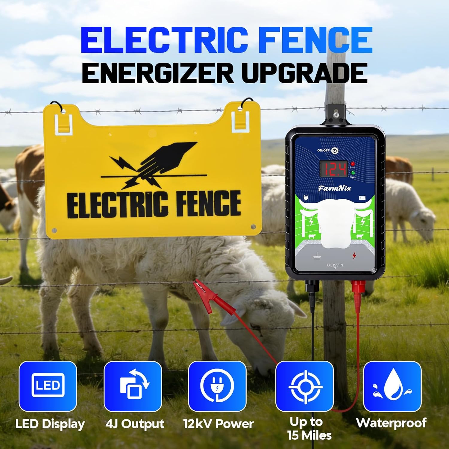 12KV Electric Fence Charger,15 Miles Electric Fence 4 Joules Pulse Energy,Waterp