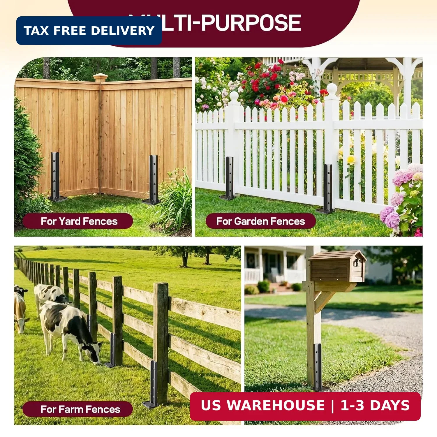 Fence Post Repair Kit 2 Pack, Heavy Duty Fence Post Anchor for Wooden Post