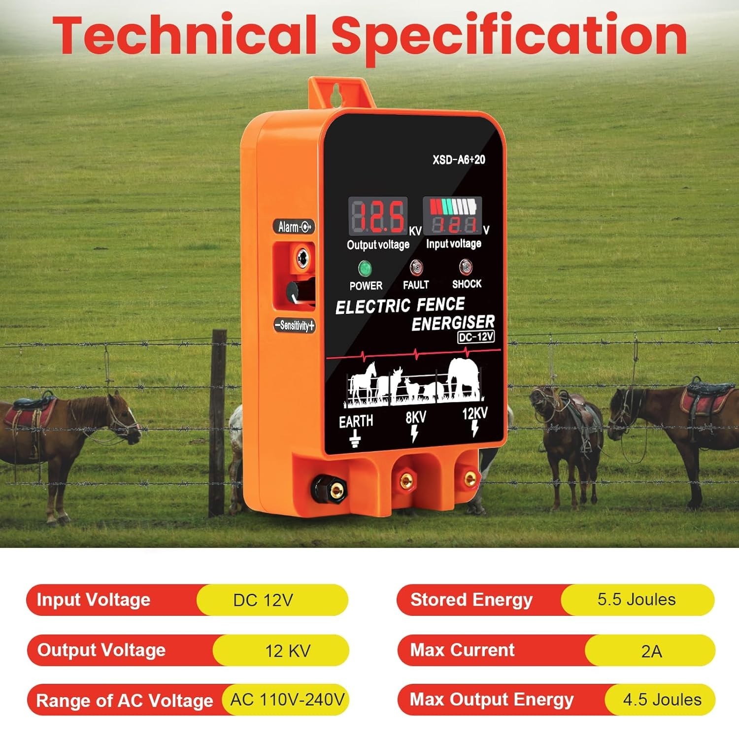 5.5J Electric Fence Charger Energizer, 5.5 Joules 10 Miles, AC DC 2 in 1 Powered