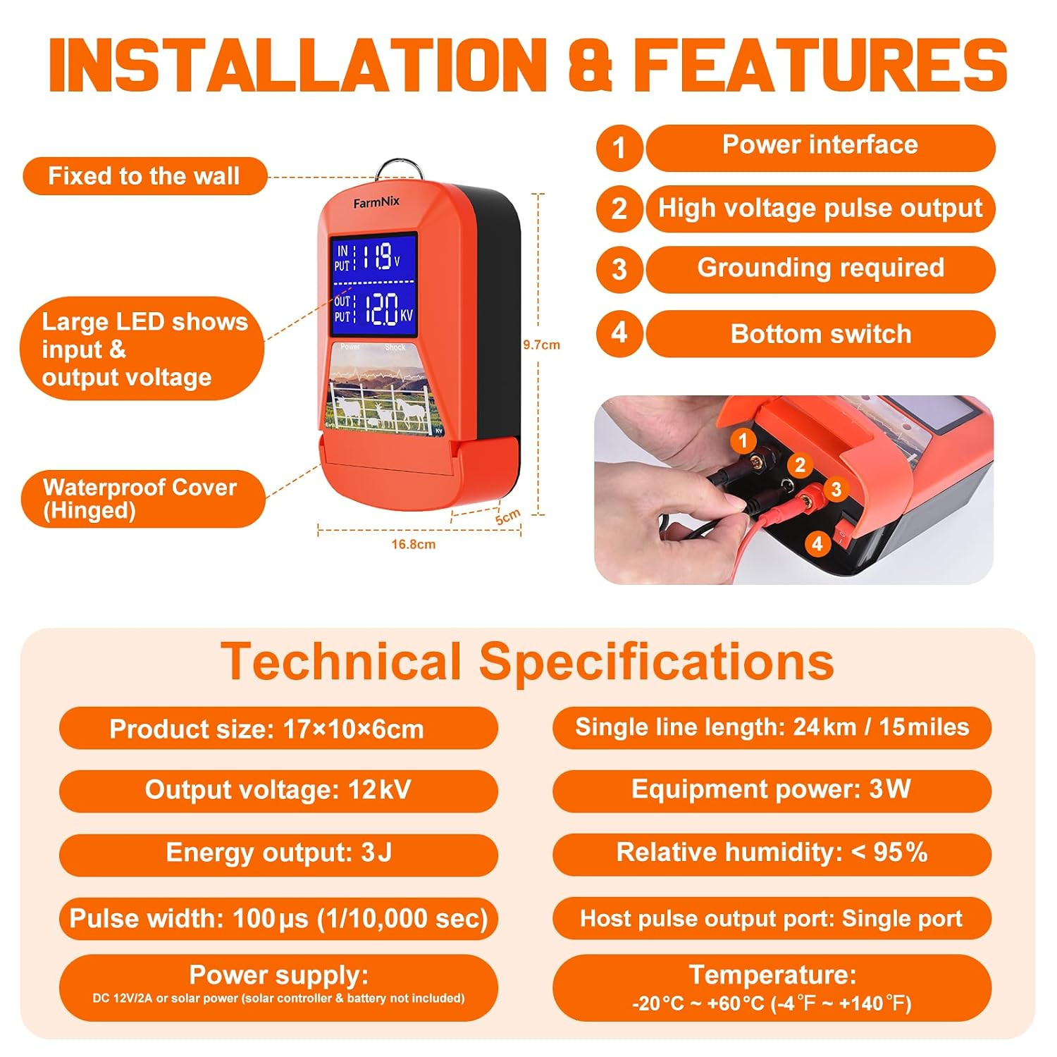 12KV Electric Fence Charger,15 Miles Electric Fence, 3 Joules Pulse Energy, Wate