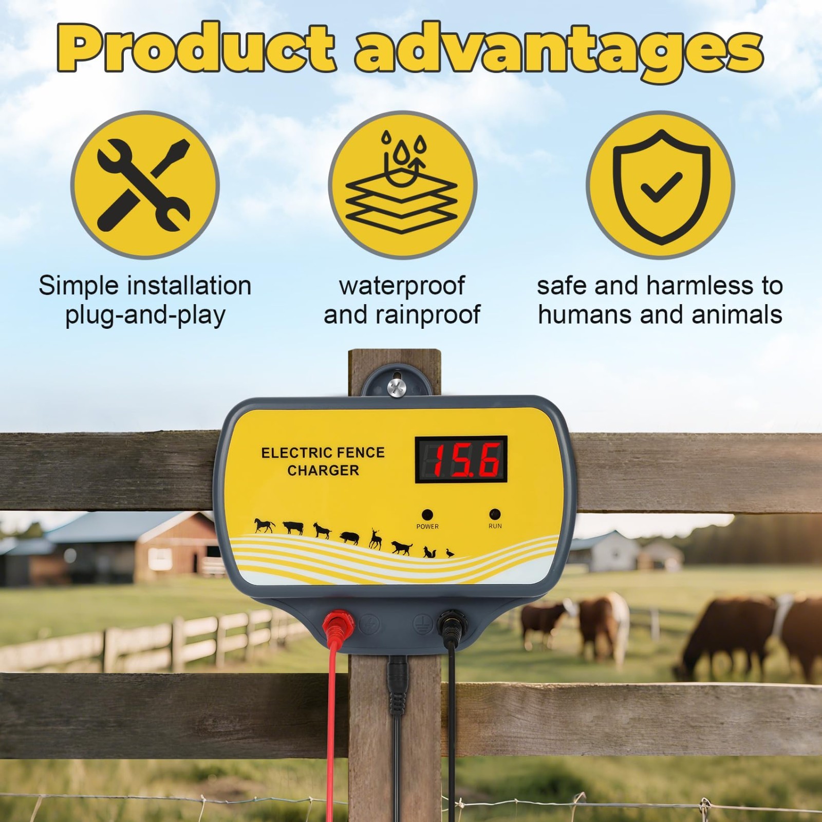 12V Electric Fence Charger 12KV Output, 2 Joule Energizer for 120 Acre Wildlife