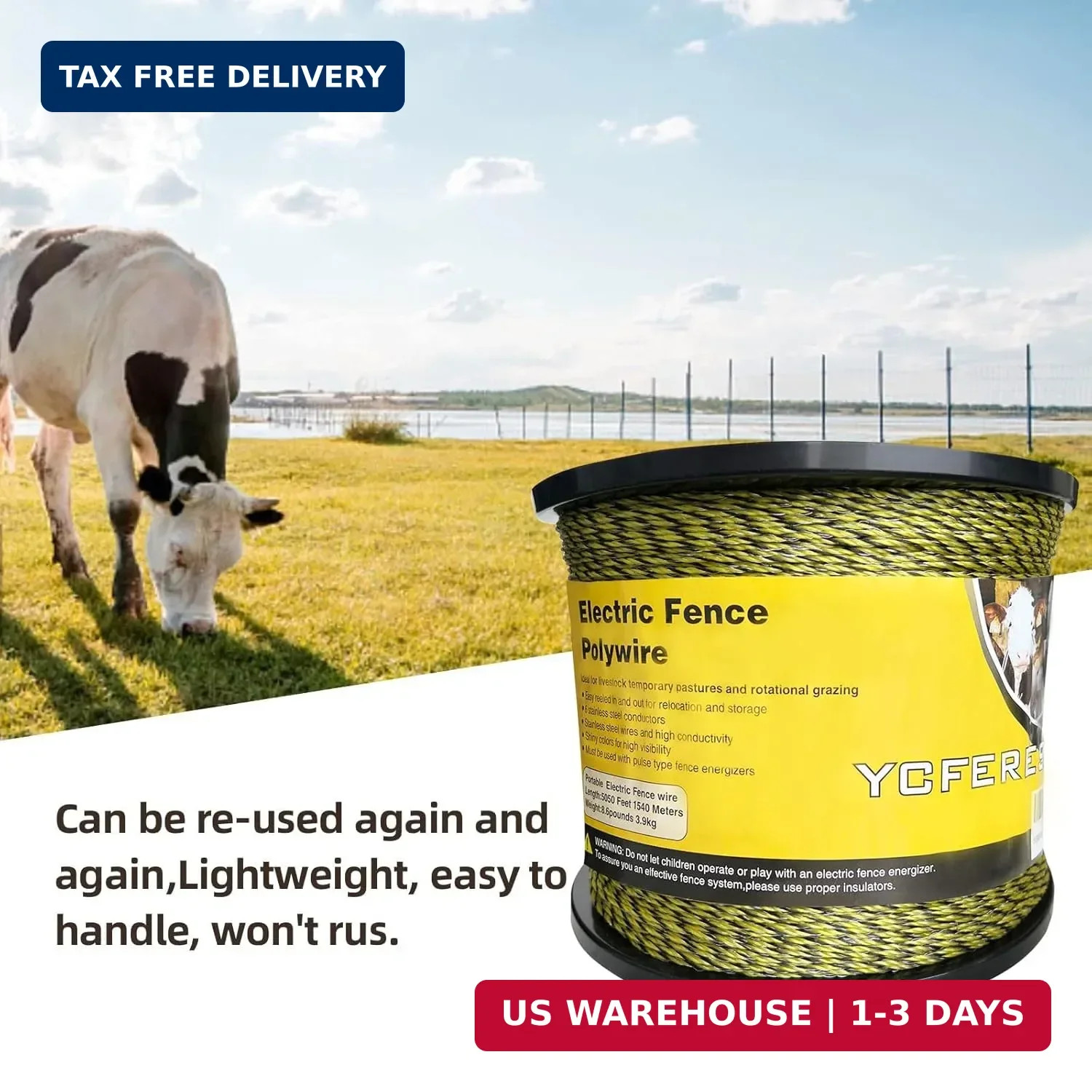 Upgraded Electric Fence Polywire 5050 Feet 1540 Meters, 6 Stainless Steel Strand