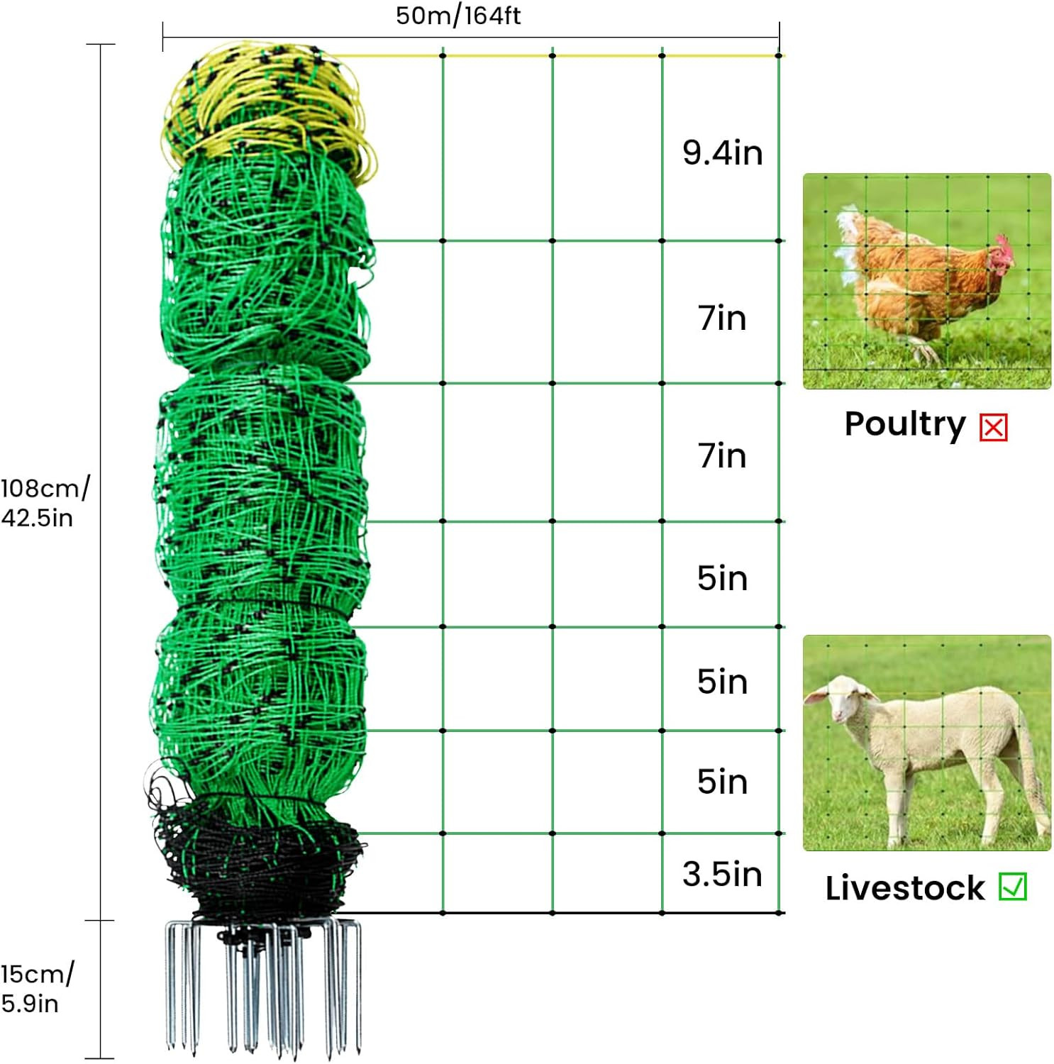 Electric Fence Netting, 164’L X 42.5″ H Movable Livestock Nets for Sheep, Hogs,