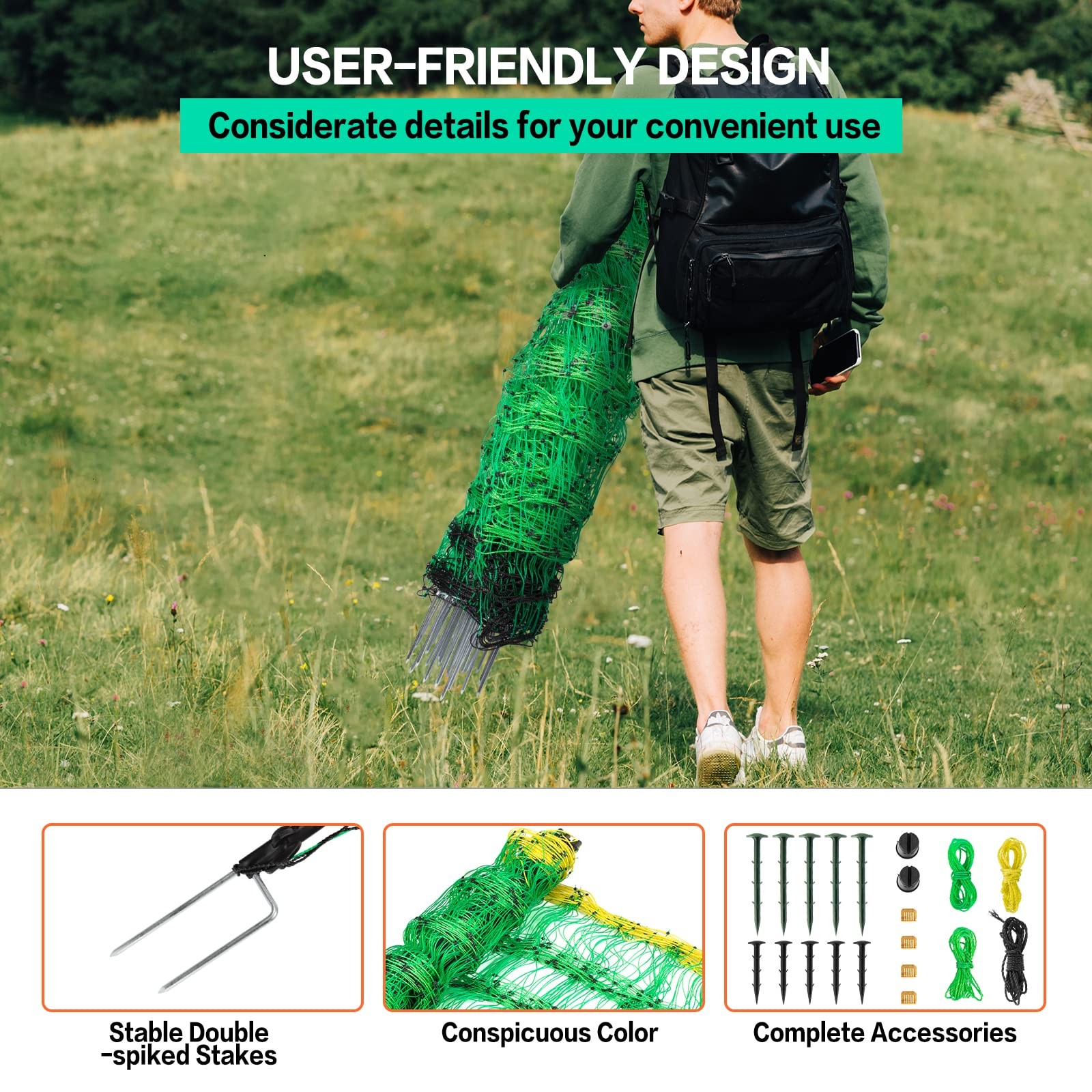 Electric Fence Netting, 49.6″ H x 164′ L, PE Net Fencing Kit with 14 Posts Do…
