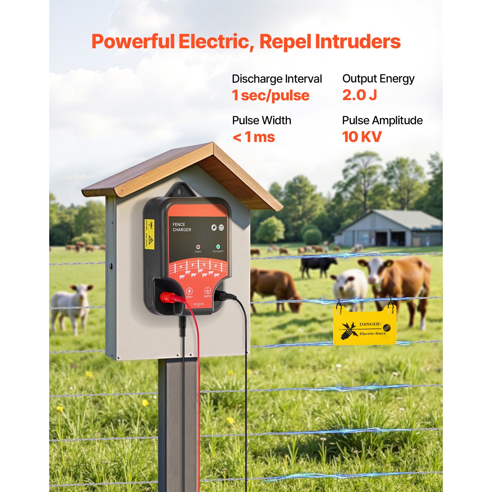Electric Fence Charger 10kV 2J AC DC Electric Fence Energizer 1.86 Miles Range