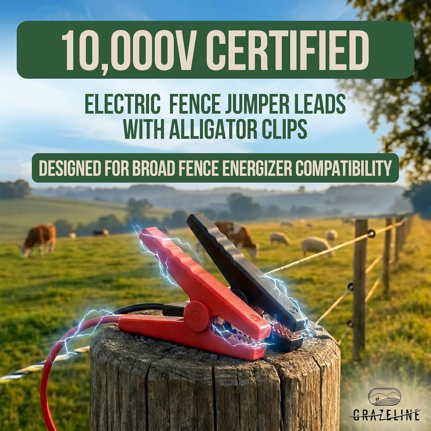 Electric Fence Jumper Leads 6.6ft, 10kV Clips, Copper Wire, TPU Cable