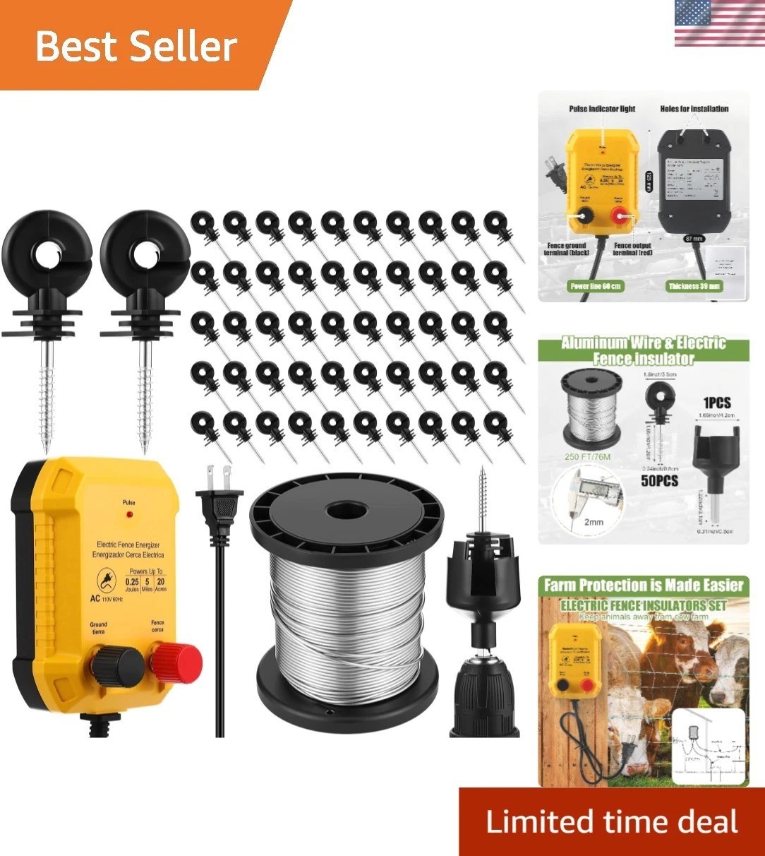 Electric Fence Kit – 250ft Aluminum Wire, 110V AC, Perfect for Farms and Gardens