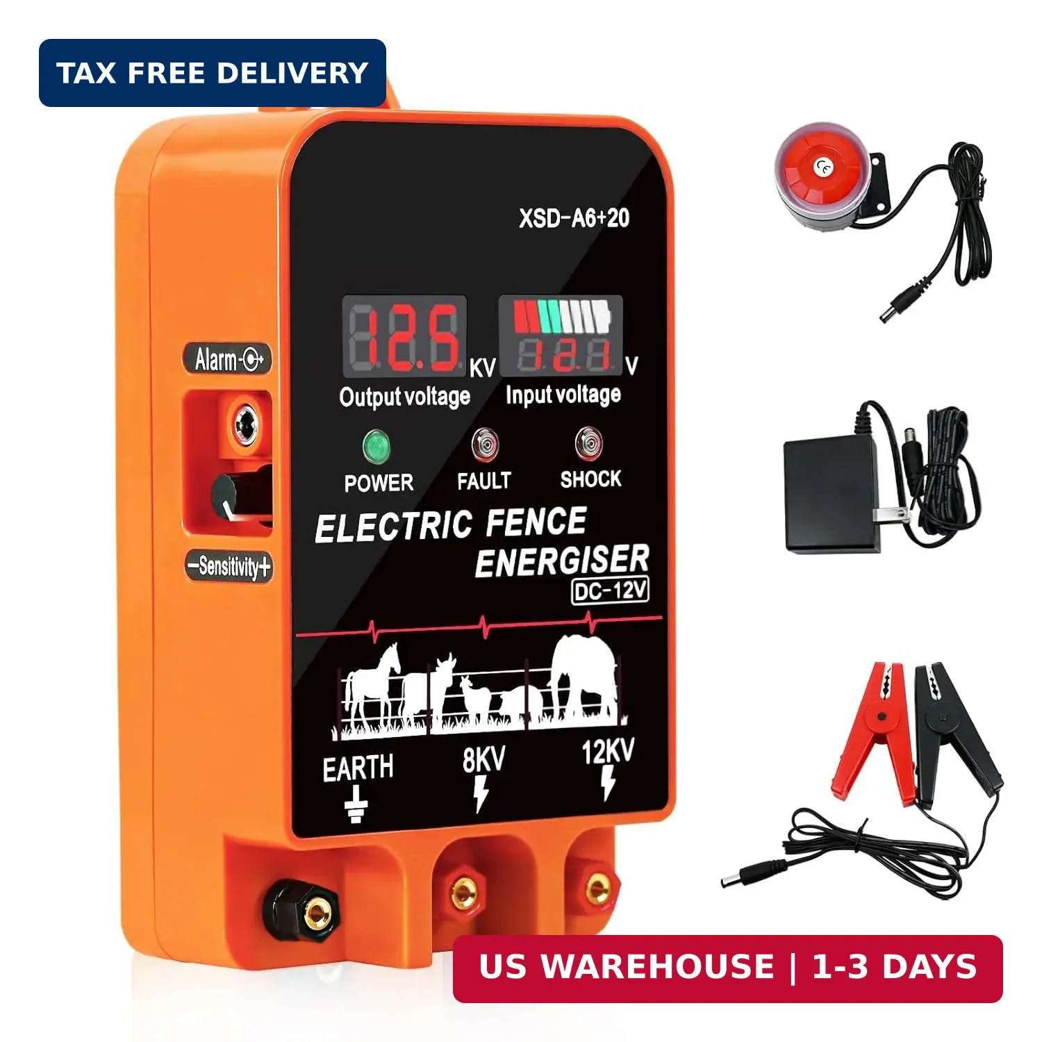 9J Electric Fence Charger Energizer, 9 Joules 400 Acres, AC DC 2 in 1 Powered Su