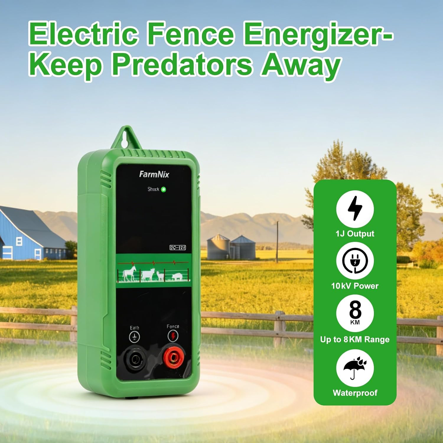 10KV Electric Fence Charger,5 Miles Electric Fence 1 Joules Pulse Energy,Waterpr