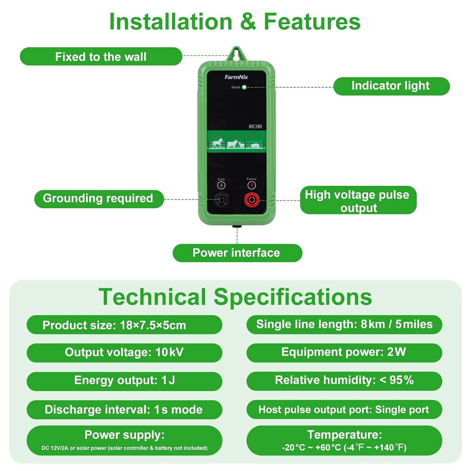 10KV Electric Fence Charger,5 Miles Electric Fence 1 Joules Pulse Energy,Waterpr
