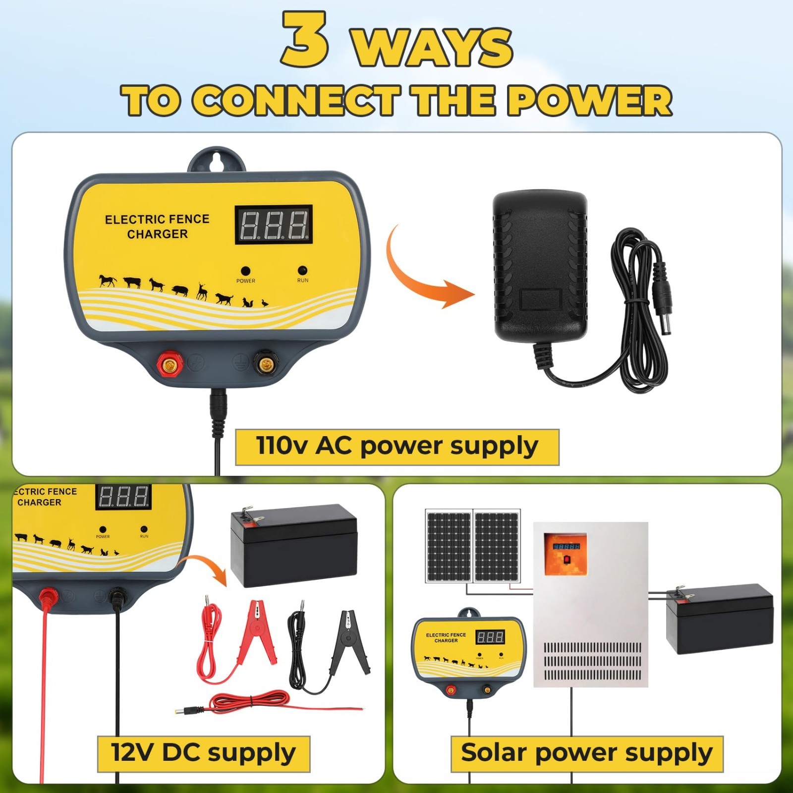 12V Electric Fence Charger 12KV Output, 2 Joule Energizer for 120 Acre Wildlife