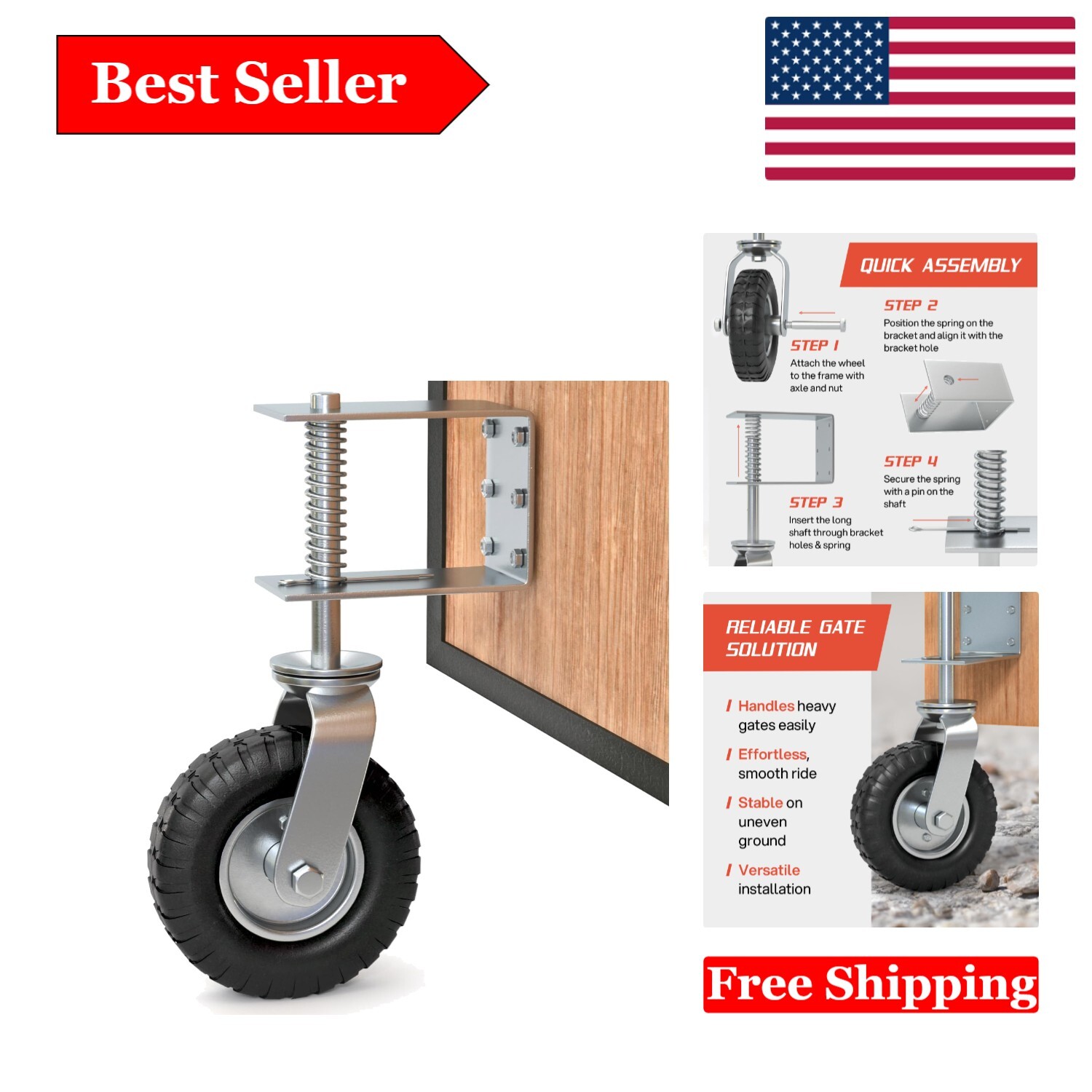 Heavy Duty 8-inch Gate Wheel with Suspension, Flat Free Tire, Supports Up to …