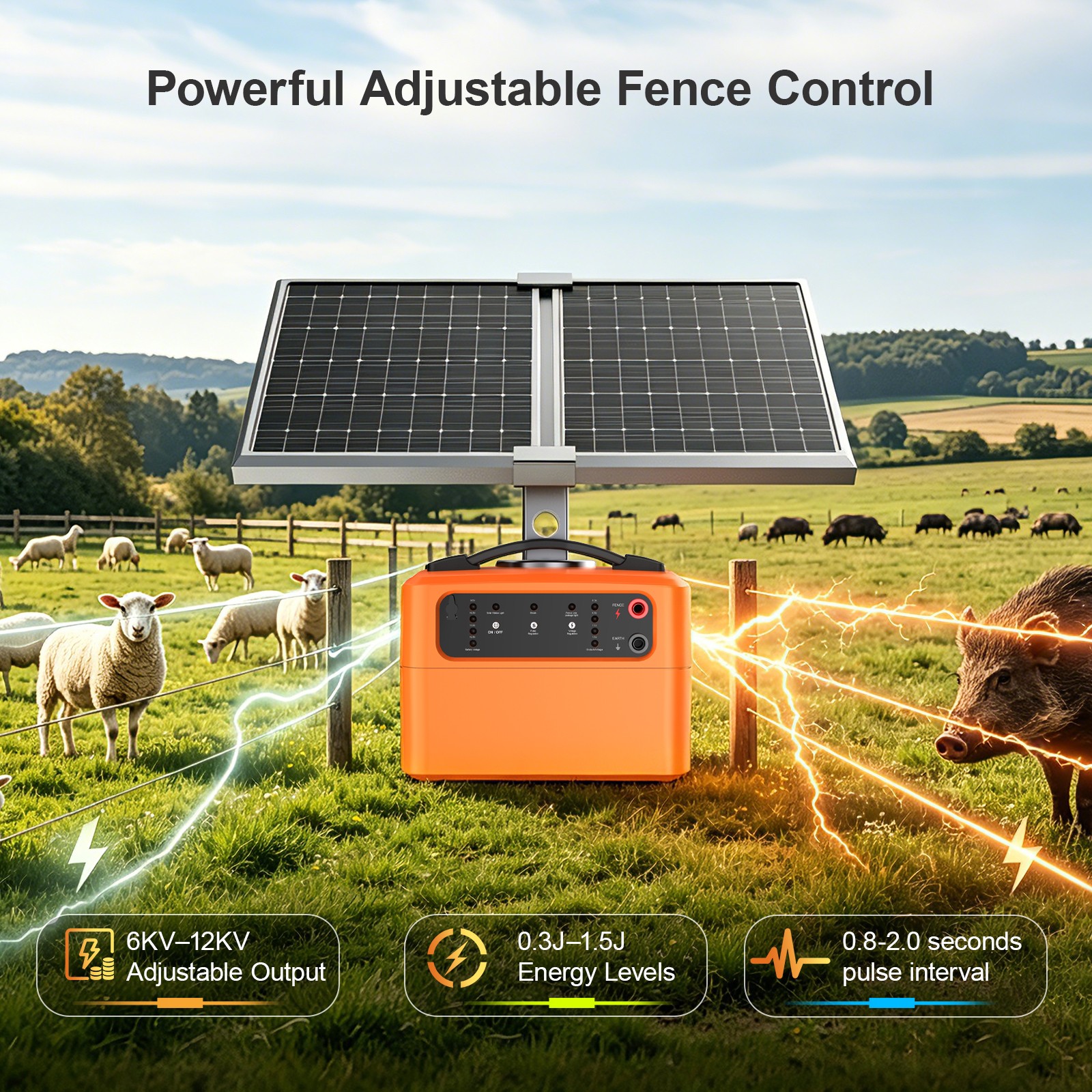 30-Mile 15W Solar Electric Fence Charger Fence Energizer Day/Night for Livestock