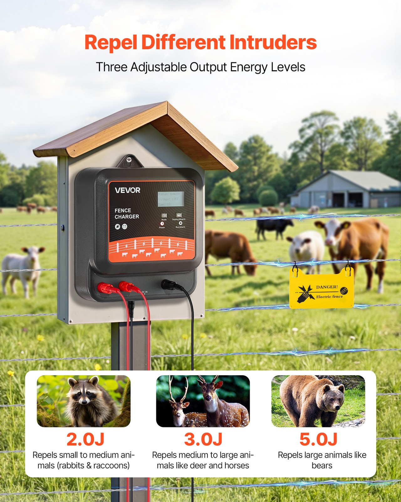 VEVOR 2J/3J/5J Multi-Powered Electric Fence Charger Energizer 6.2 Miles Range
