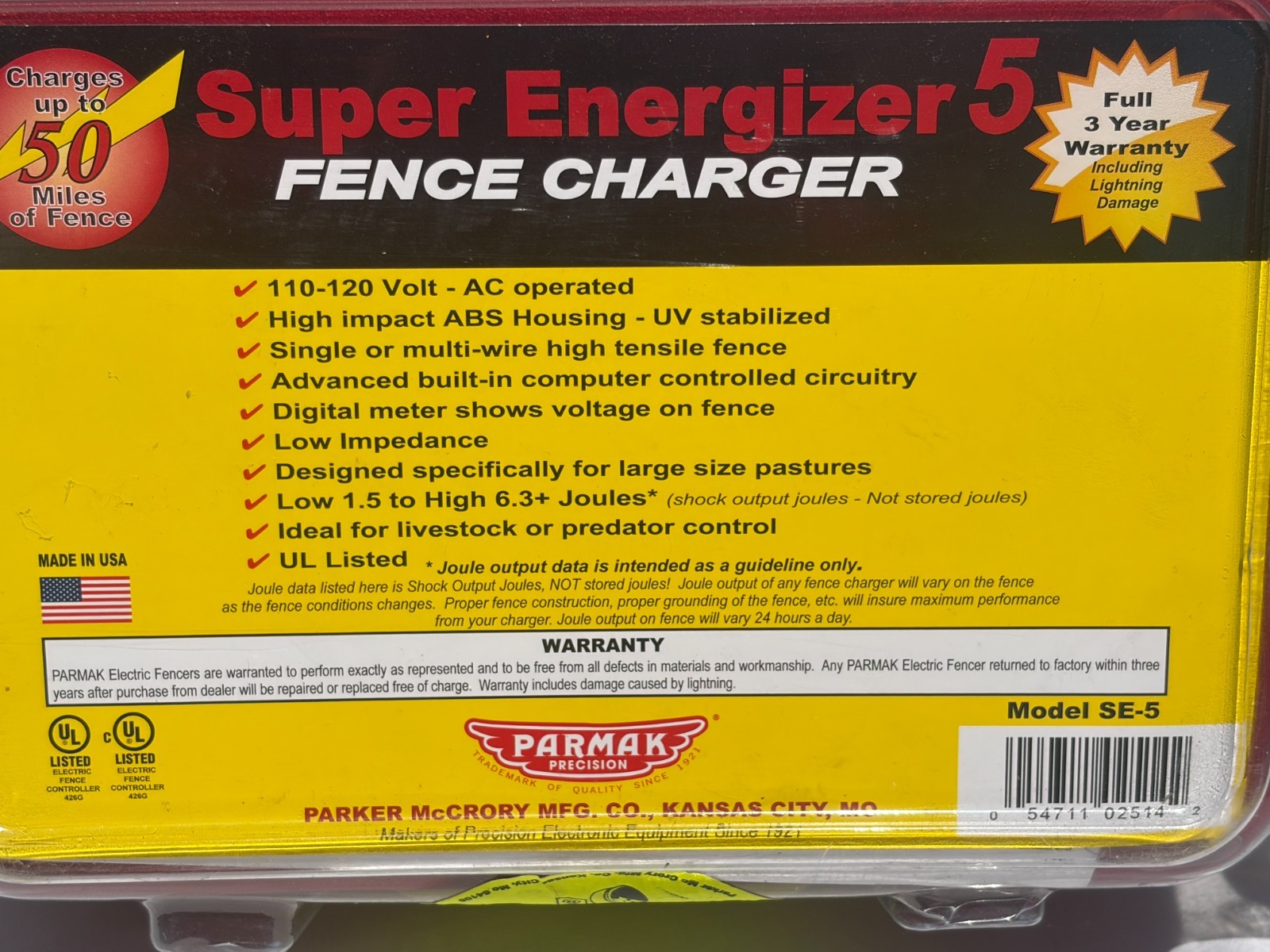New Parmak SE-5 Super Energizer 5 Electric Fence Charger, 50-Mile, See Stories