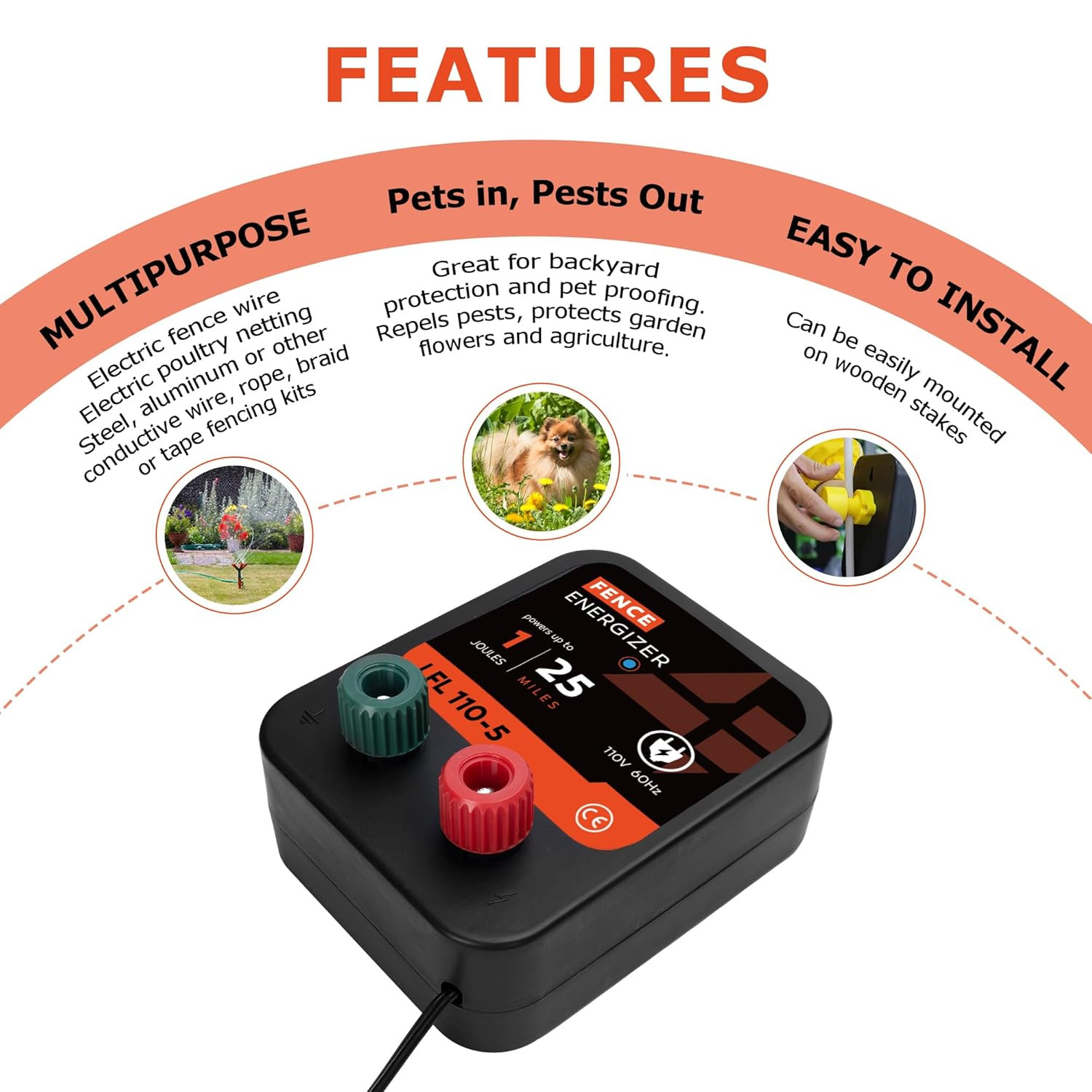 Electric Fence Charger, 1 Joule Ac Powered Output Voltage 10Kv, 25 Mile 80 Acres