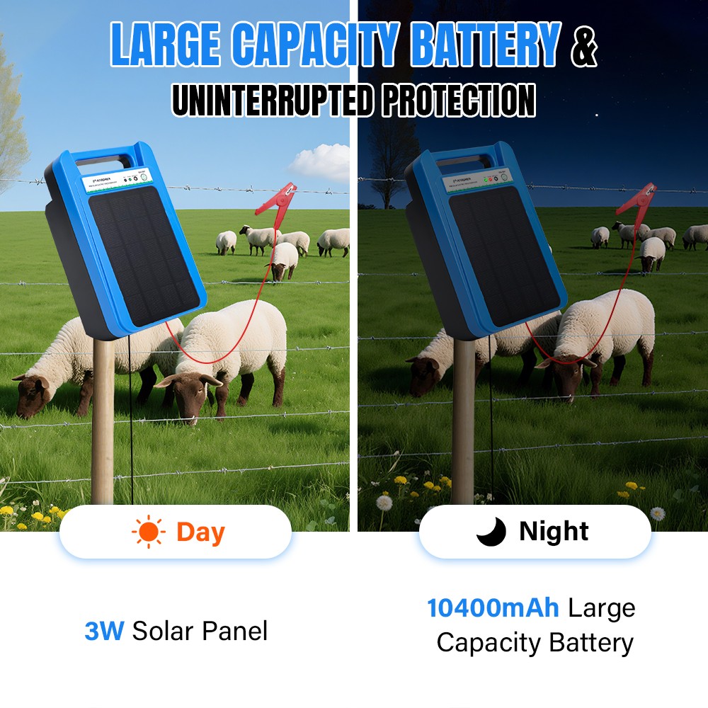 ATMOREA 0.2J Solar Power Fence Charger 3W 8KV Electric Fence Energizer 2-3 Miles