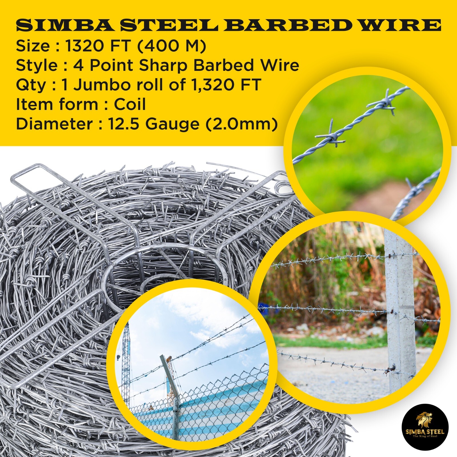 4-Point Barbed Wire Roll | 5″ Spacing, 12.5 Ga | 1320 FT | Heavy Duty SIMBASTEEL