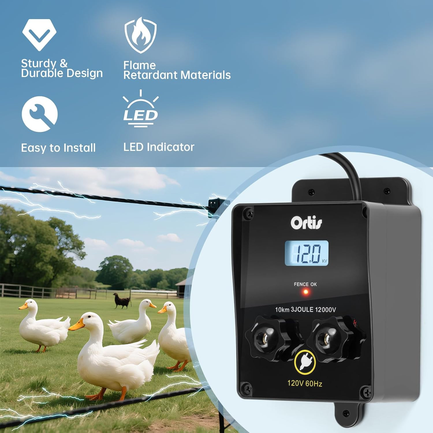 Electric Fence Energizer with LCD Display, 12,000V 3 Joules Electric Fence Char