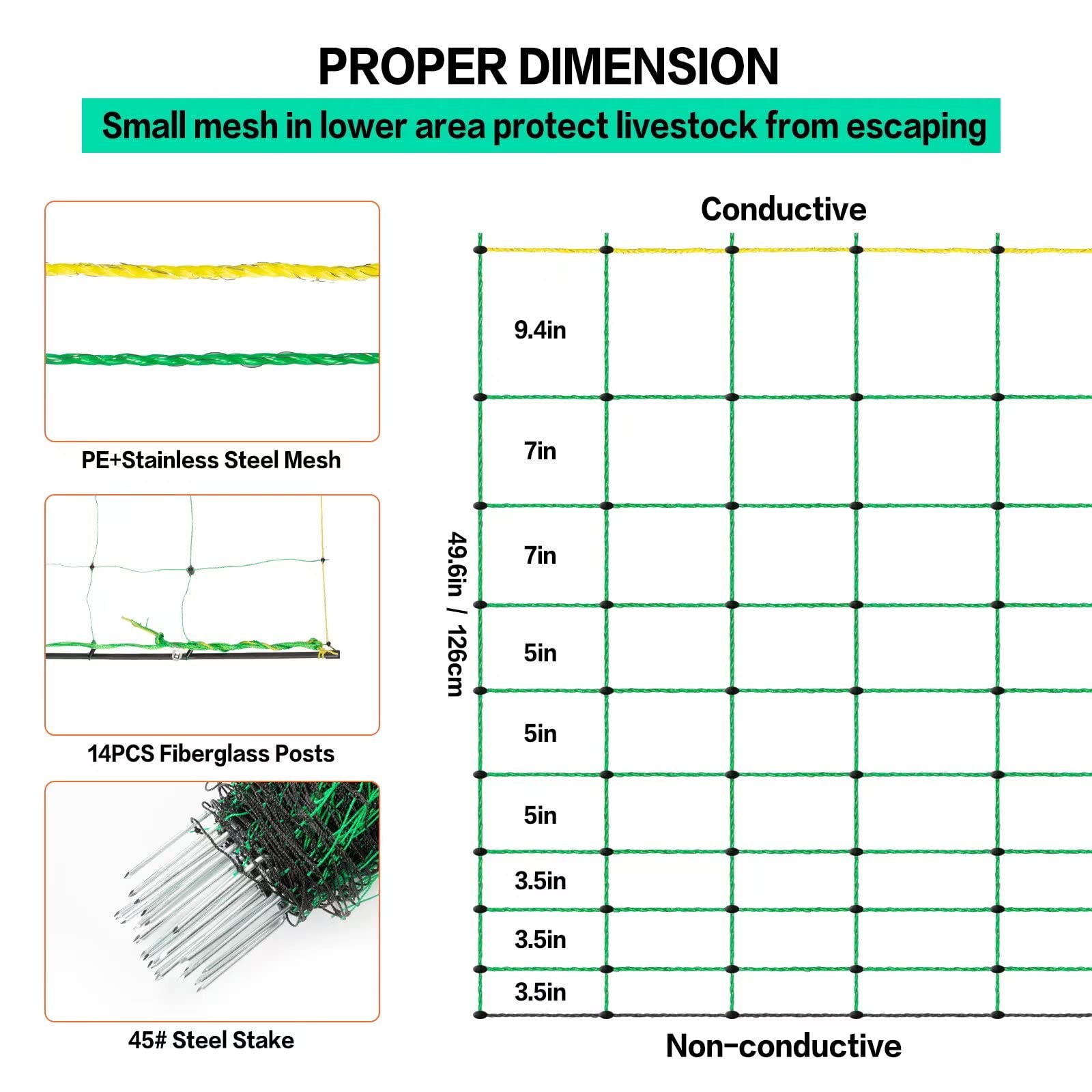 Electric Fence Netting, 49.6″ H x 164′ L, PE Net Fencing Kit with 14 Posts Do…