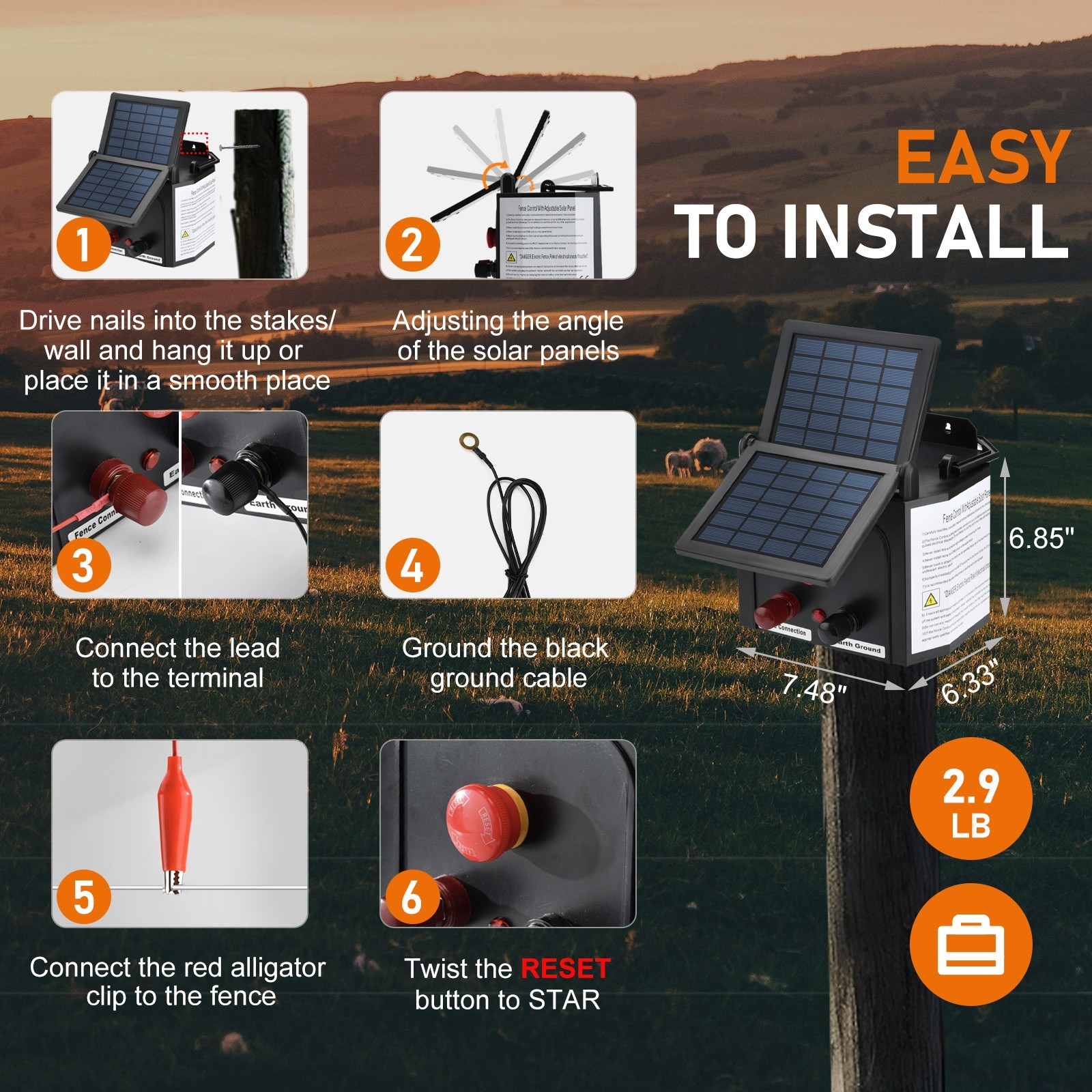 Solar Electric Fence Charger 0.15 Joule Electric Fence Energizer 3 Miles Range