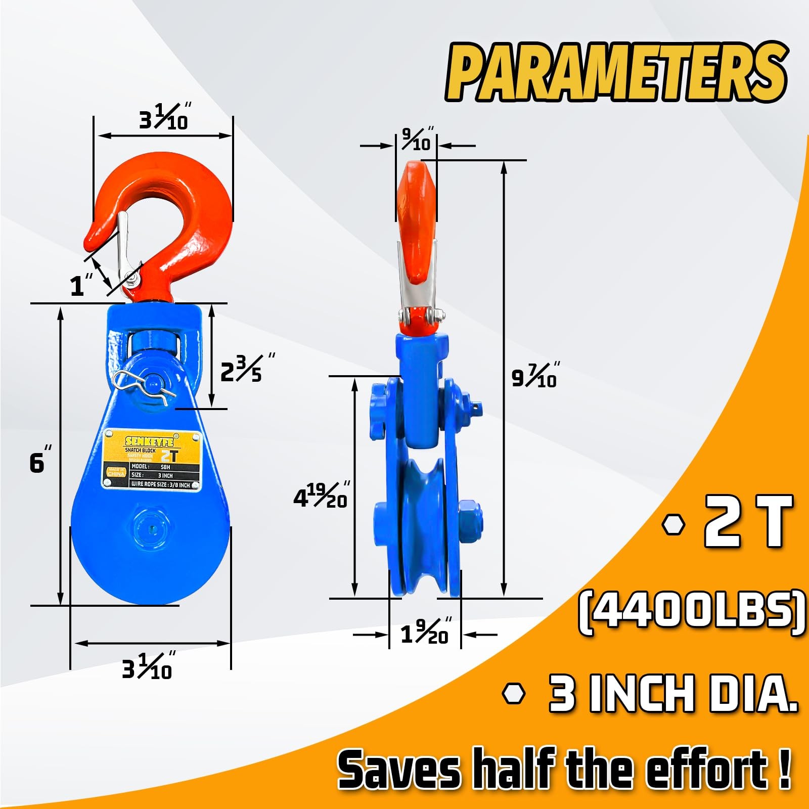 2 Ton Snatch Block with Hook, Snatch Block Pulley 3 Sheave for 3/8 Inch Wire Rop