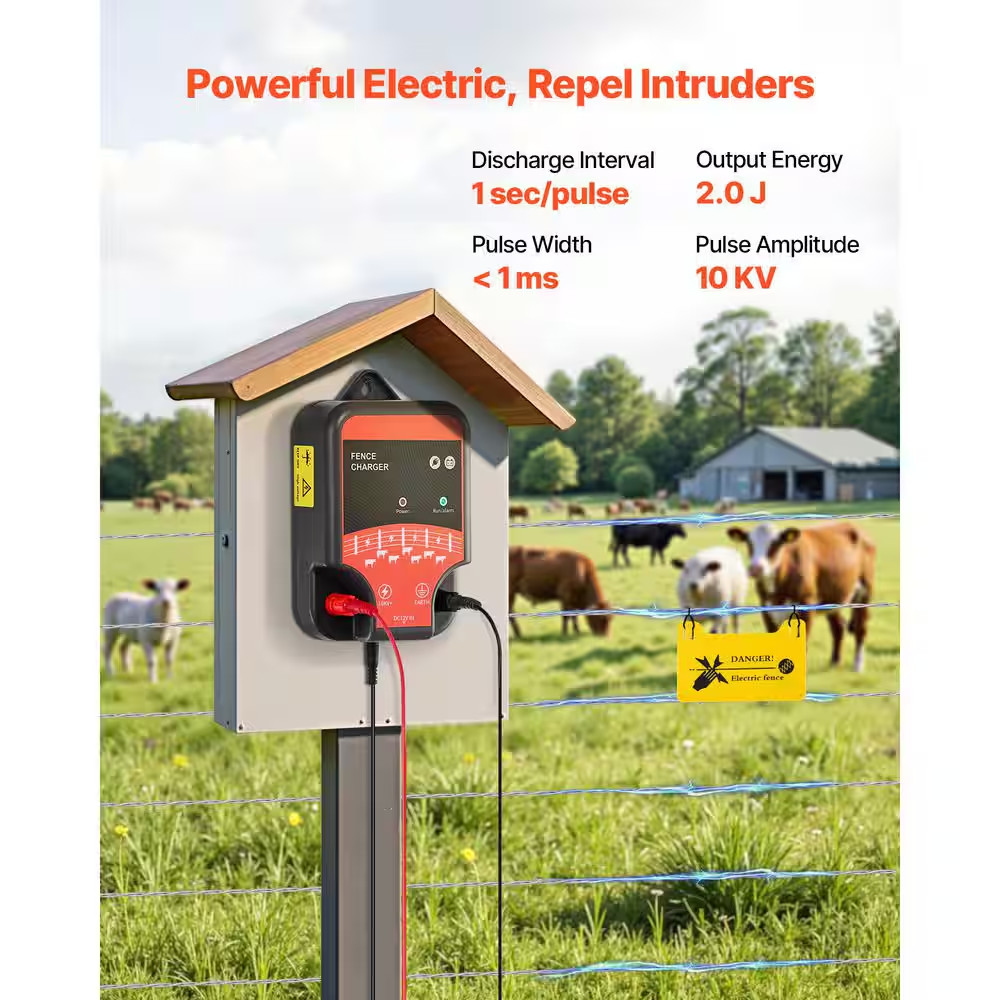 10Kv 2J Electric Fence Charger, AC DC Energizer with LED, 1.86 Miles Range, Plug
