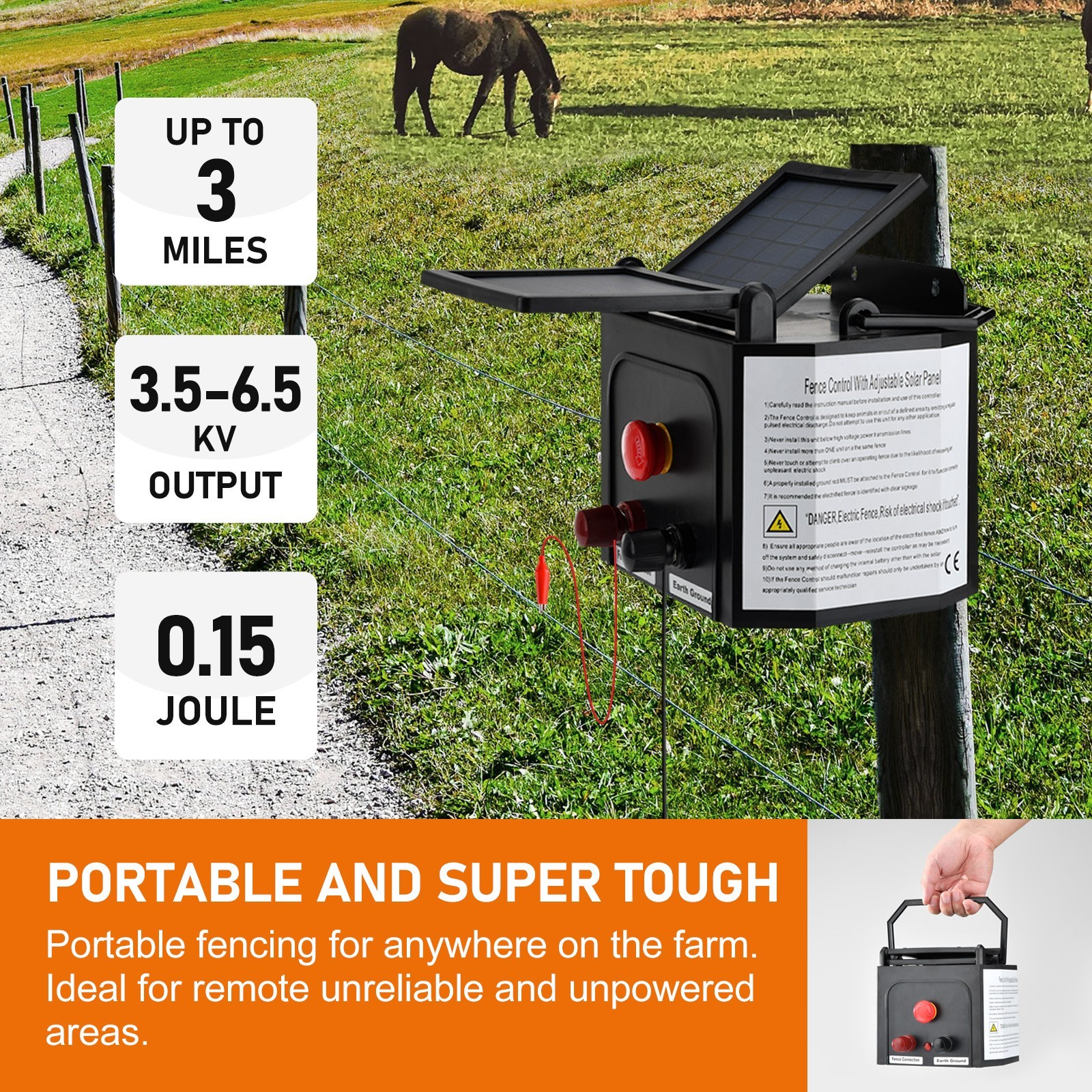 Solar Electric Fence Charger 0.15 Joule Electric Fence Energizer 3 Miles Range