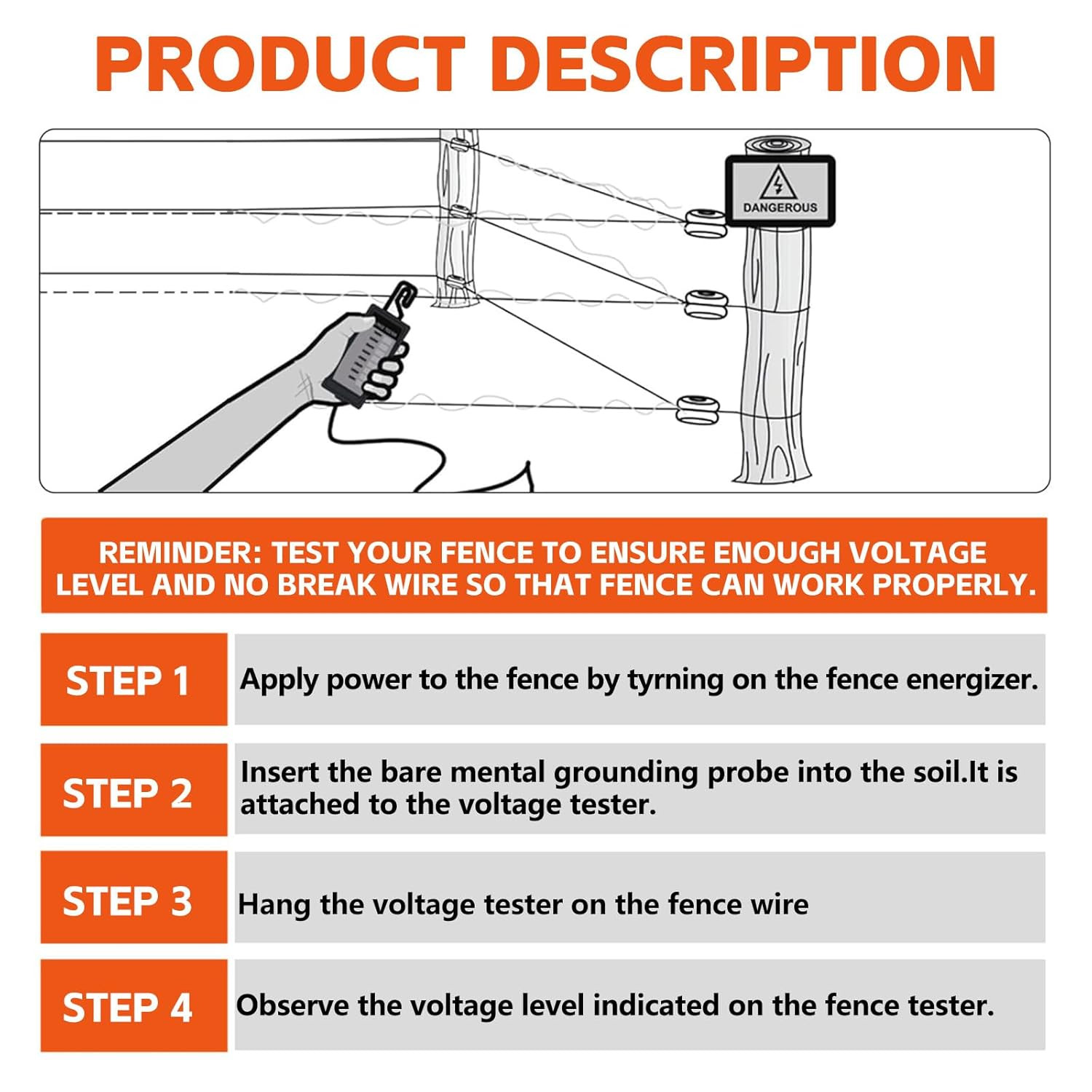 Electric Fence Tester & Voltage Detector 2000V-12,000V Wide Range | 8 Neon Light