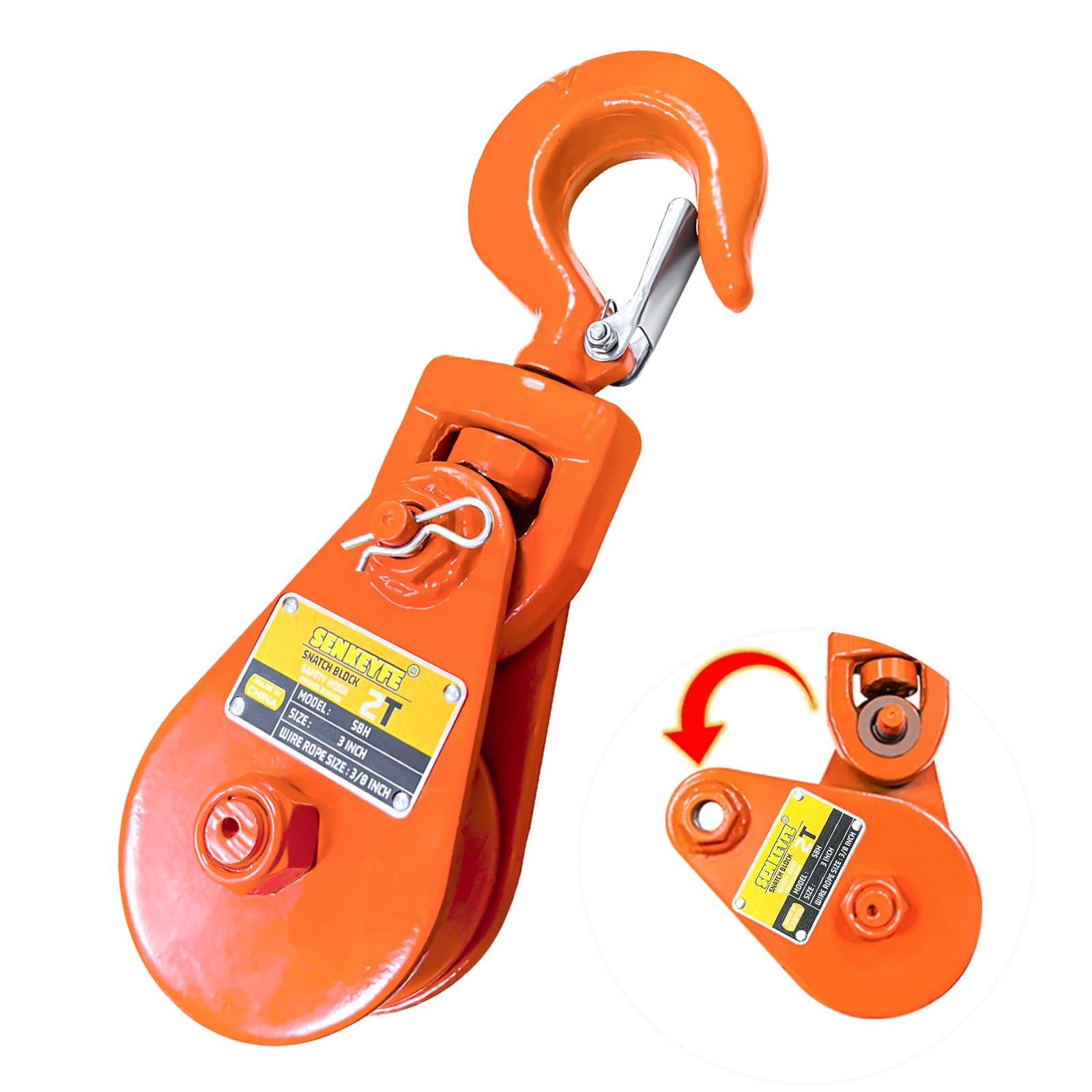 Snatch Block Hook 2 Ton WLL 3/8 Inch Wire Ropes Pulley Rollback Wrecker Car