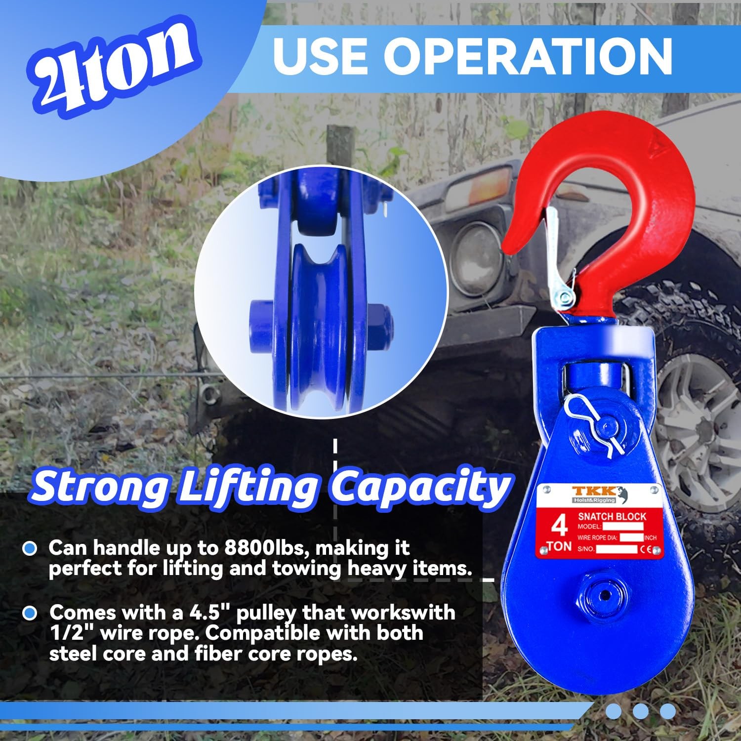 TKK 4 Ton Snatch Block with Hook – 8800lbs Capacity, 4.5″ Sheave, 1/2″ Wire R…