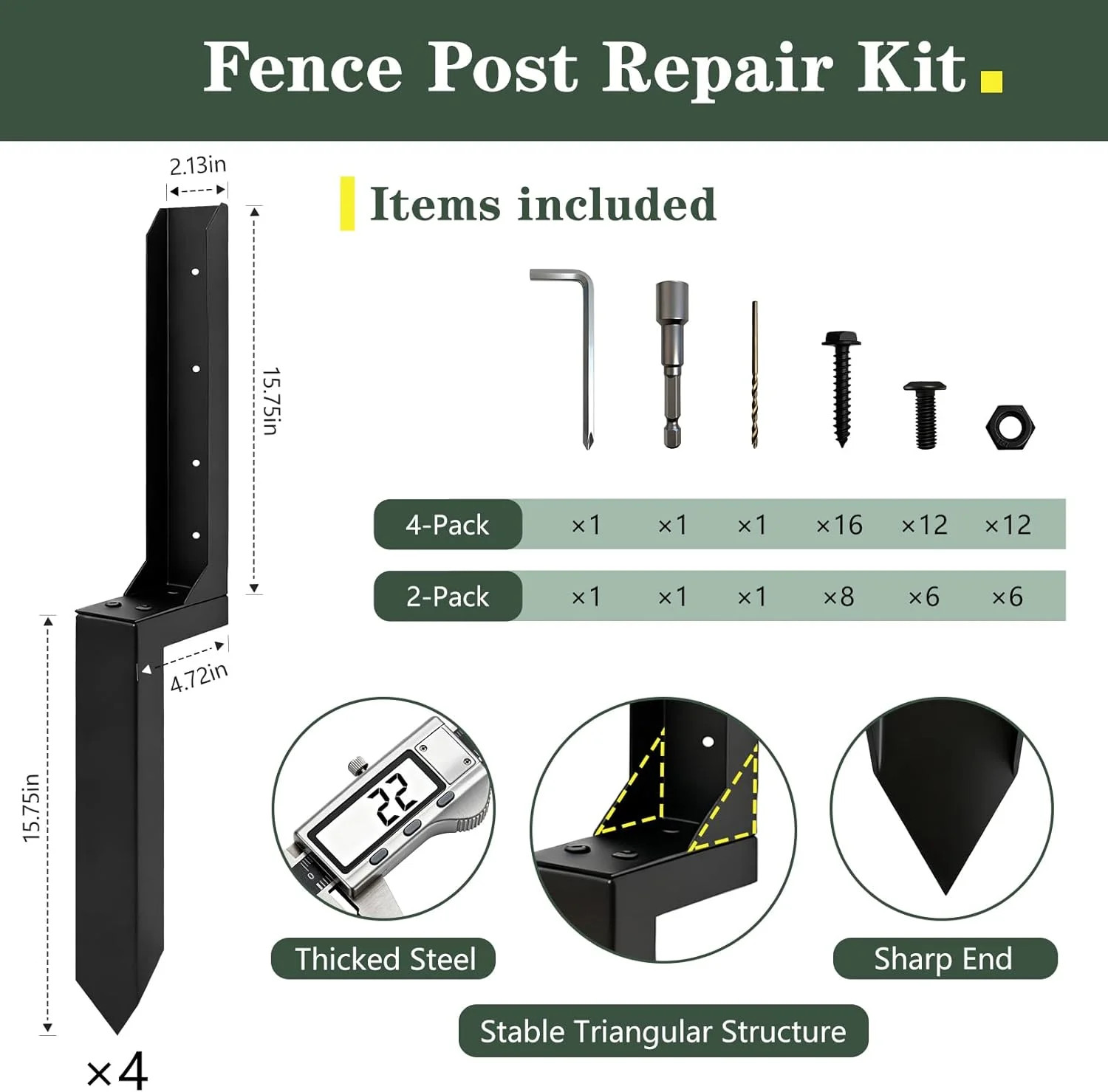 Heavy Duty Fence Post Anchor, Thickened Fence Post Repair Kit, Ground Stakes for