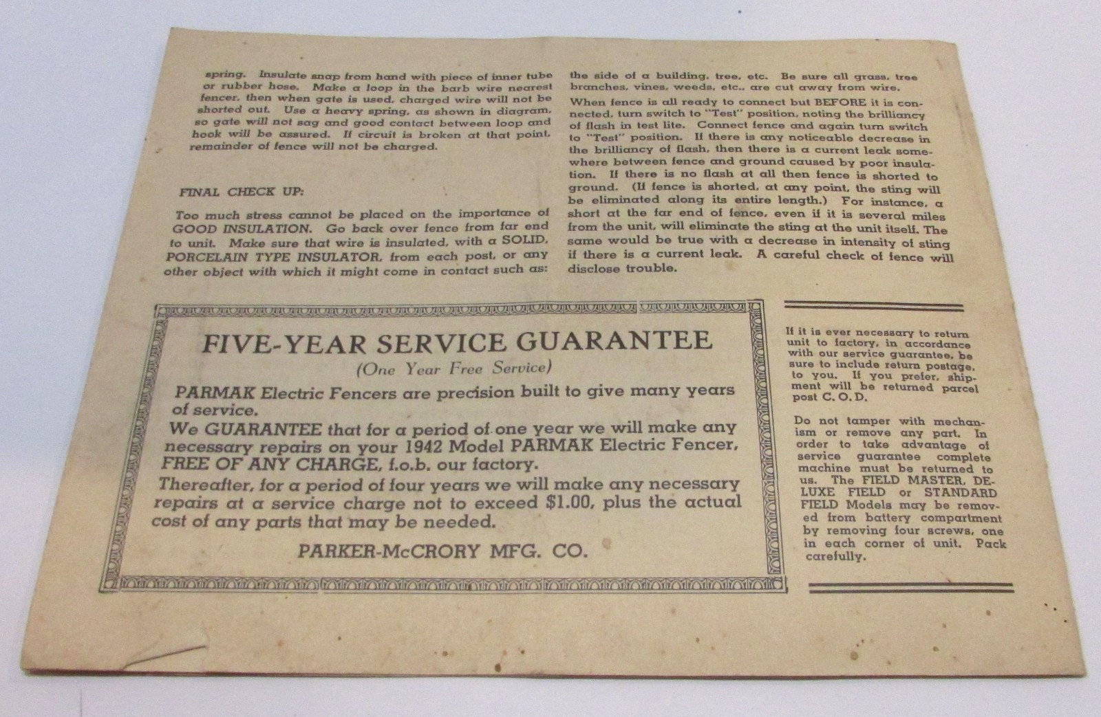 Parker McCrory Antique Operating Instructions Only for Parmak Electric Fencers