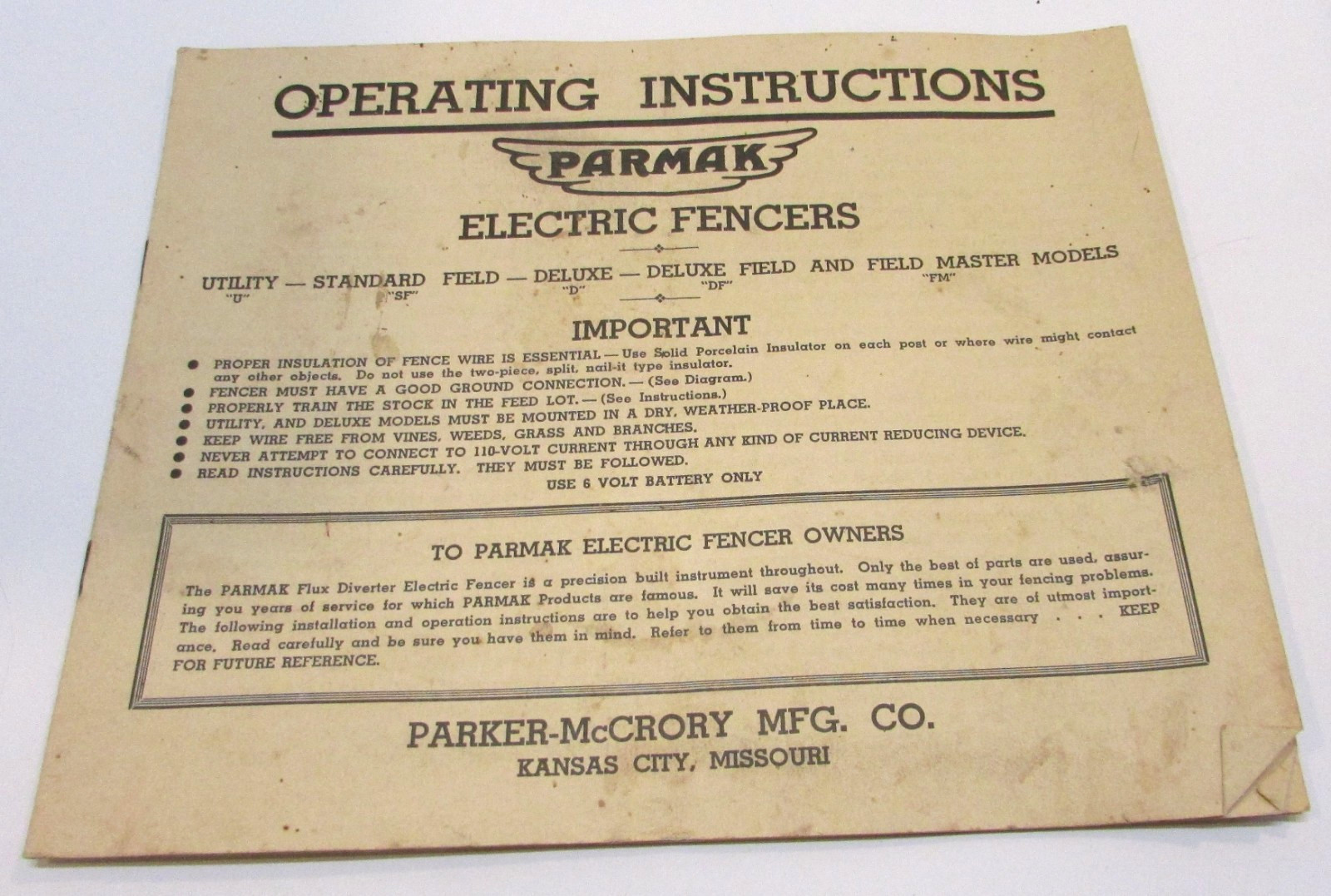 Parker McCrory Antique Operating Instructions Only for Parmak Electric Fencers