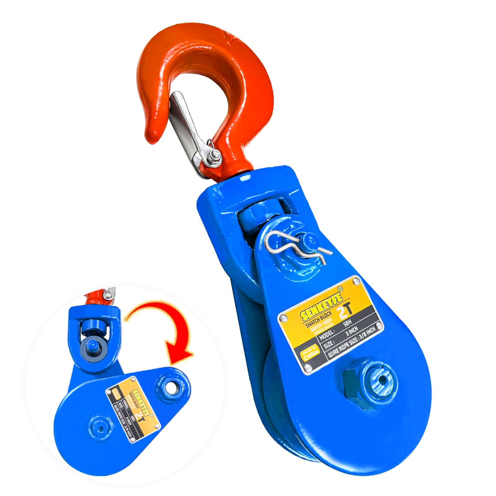 2 Ton Snatch Block with Hook, Snatch Block Pulley 3 Sheave for 3/8 Inch Wire Rop