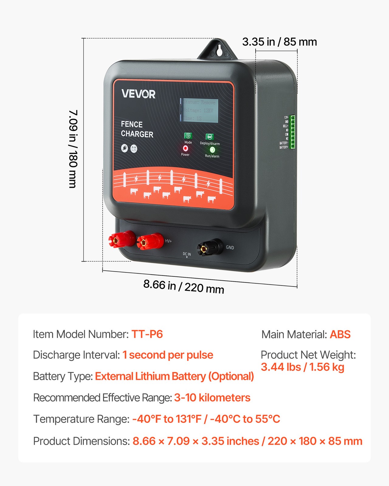 VEVOR 2J/3J/5J Multi-Powered Electric Fence Charger Energizer 6.2 Miles Range