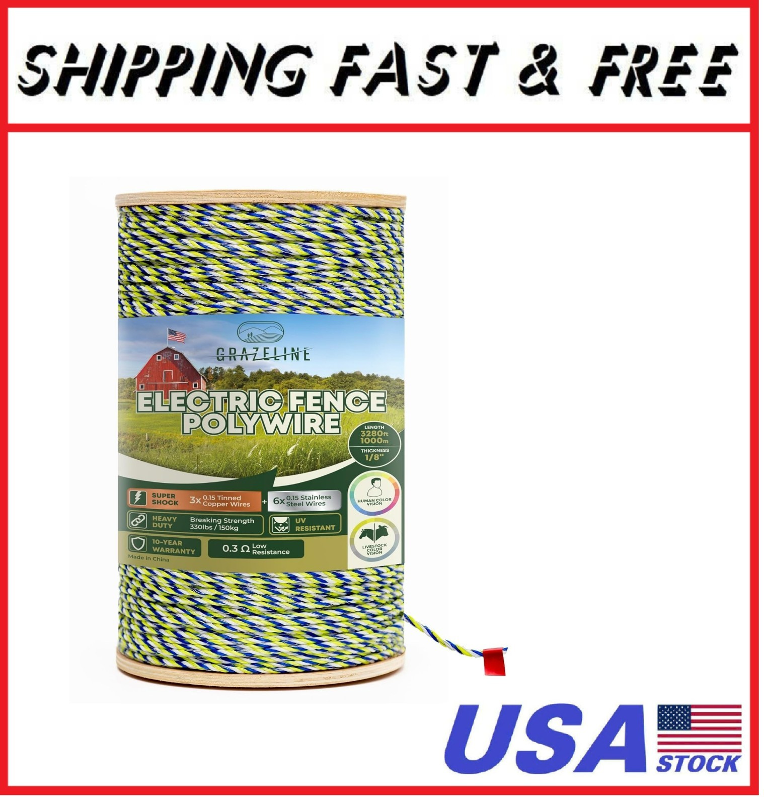 9-Strand Electric Fence Polywire 1640 ft, Tinned Copper & Stainless Steel, 0.3