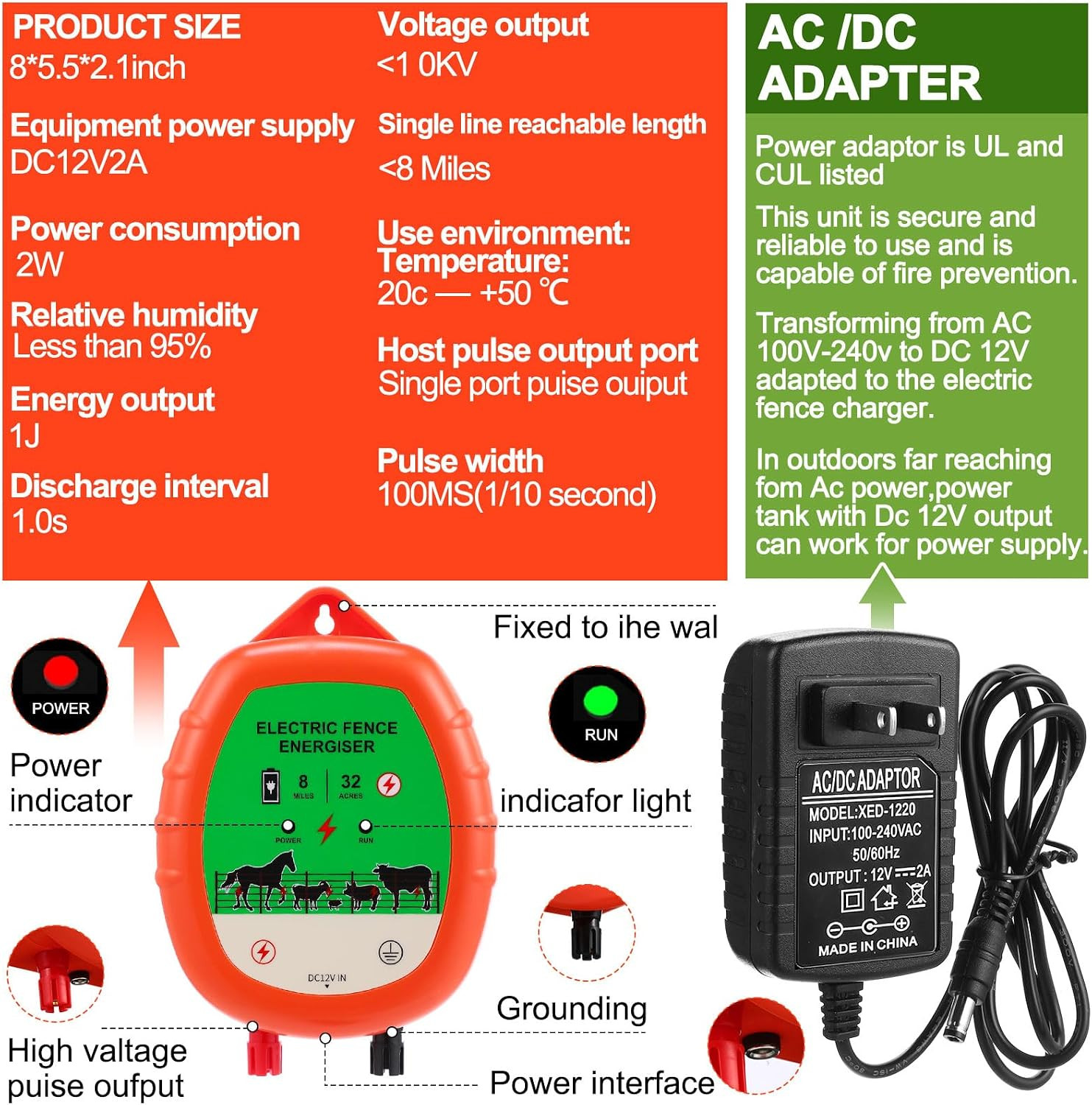 8 Mile Electric Fence for Livestock, 12Kv 2J Electric Fence Charger 50 Black Ins