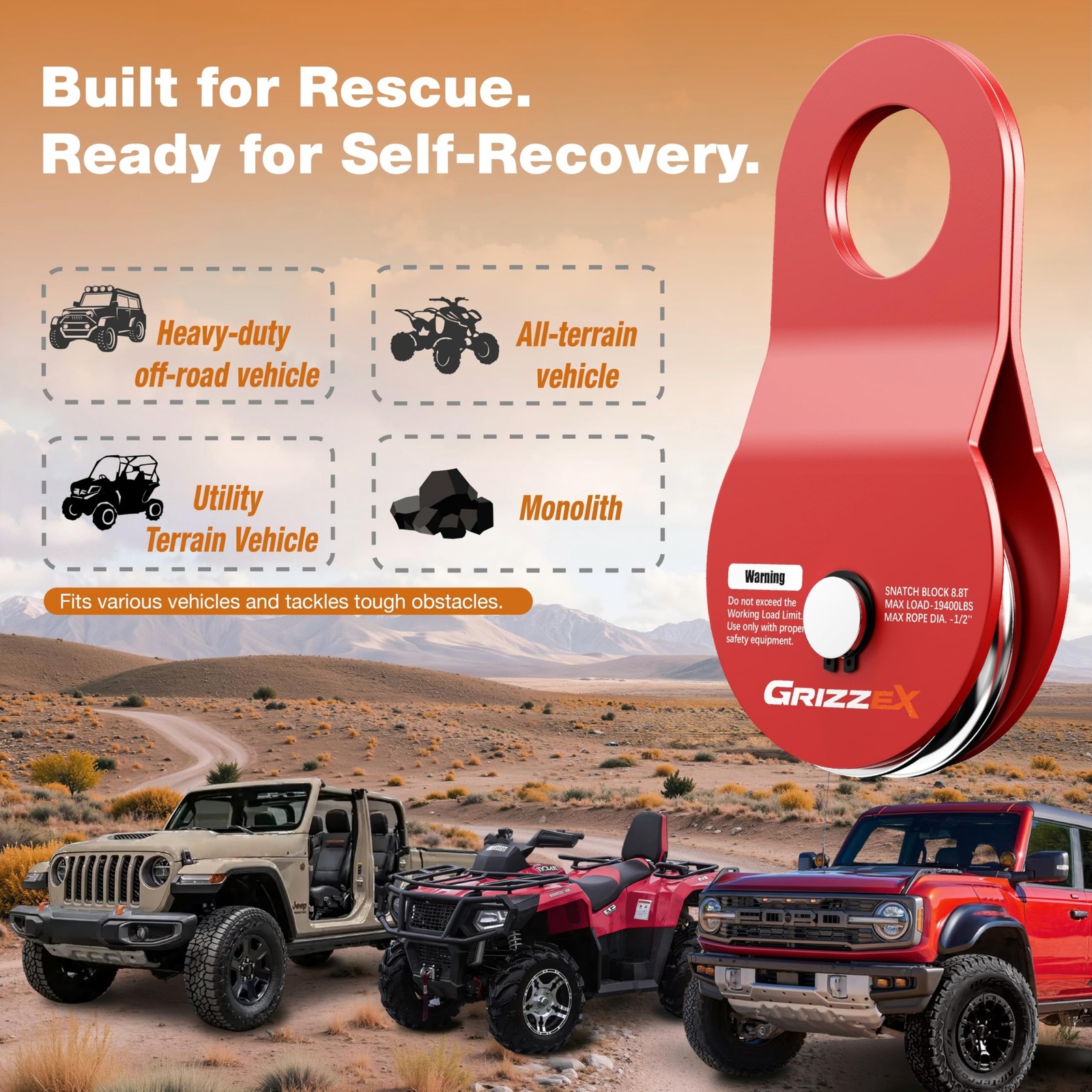 8.8T Heavy Duty Winch Snatch Block, 19,400 lbs Working Load, for Synthetic Ro…