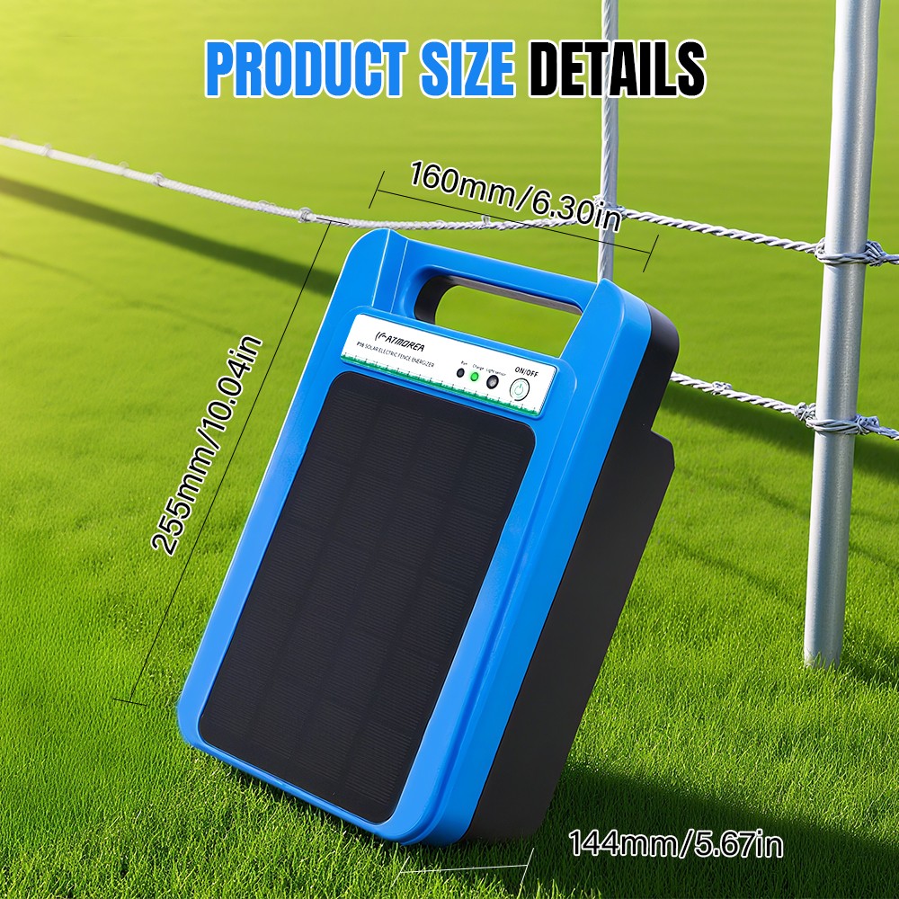 ATMOREA 0.2J Solar Power Fence Charger 3W 8KV Electric Fence Energizer 2-3 Miles
