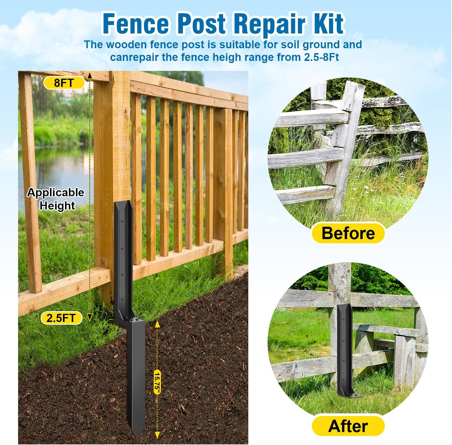 2 Pcs Fence Post Repair Kit, Heavy Duty Fence Post Anchor Ground Stakes for Repa